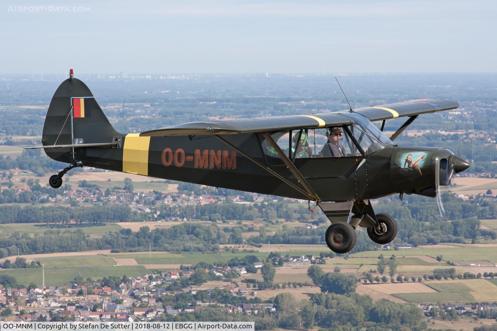 OO-MNM, 1979 Piper PA-18-150 Super Cub C/N 18-8009035, Enroute from Overboelare to the Schaffen Oldtimer Fly In 2018. Picture taken from Piper PA-18-150 Super Cub G-NETY.
