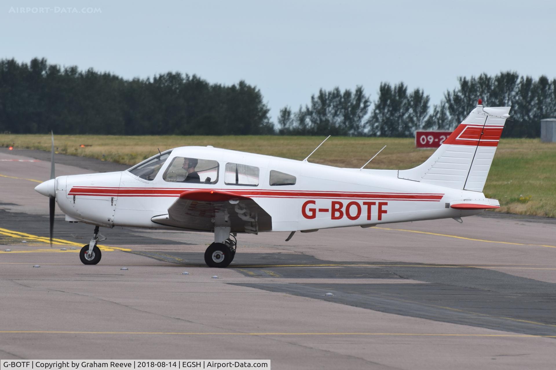 G-BOTF, 1975 Piper PA-28-151 Cherokee Warrior C/N 28-7515436, Just landed at Norwich.