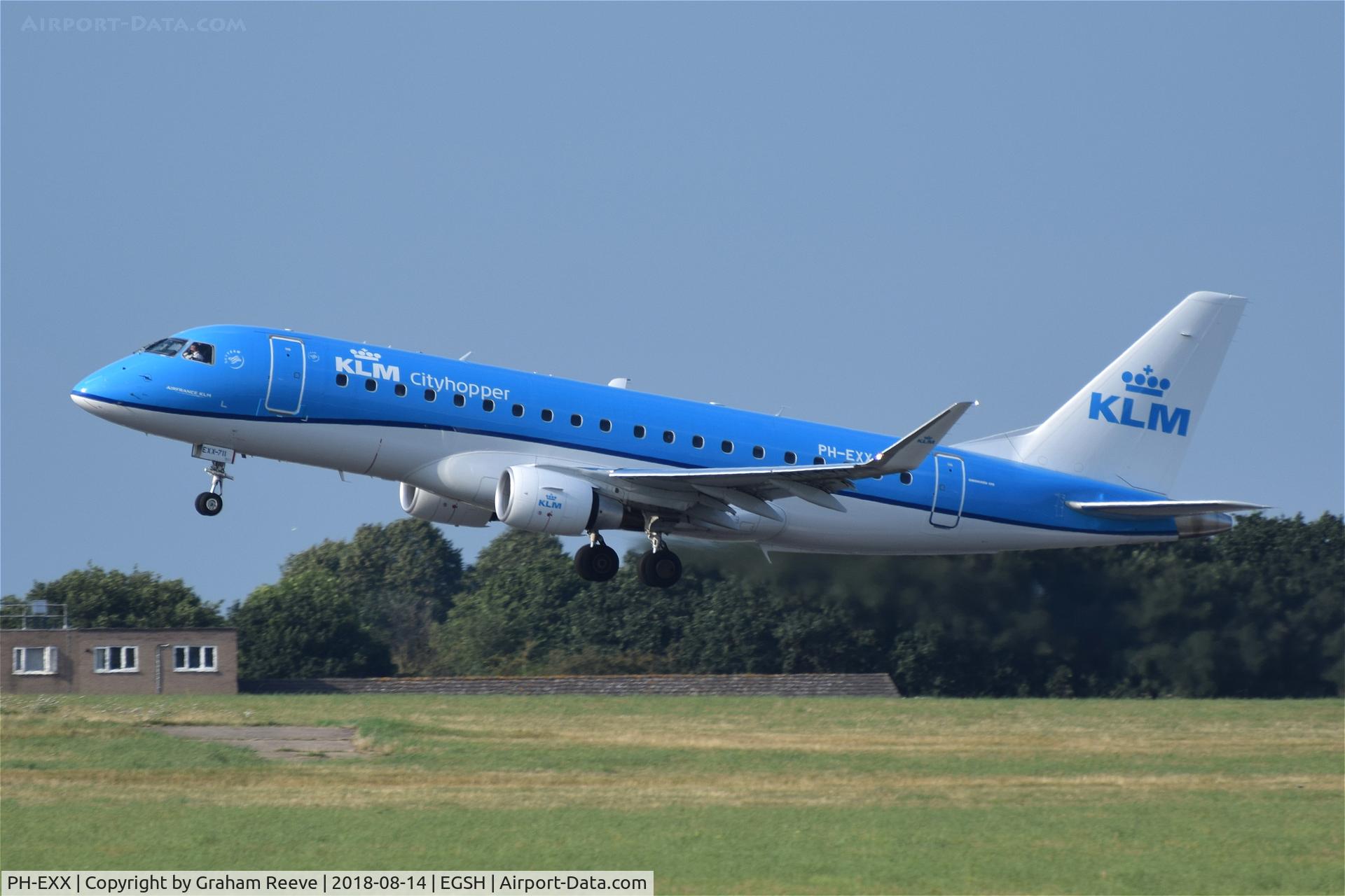 PH-EXX, 2018 Embraer 175STD (ERJ-170-200) C/N 17000711, Departing from Norwich.