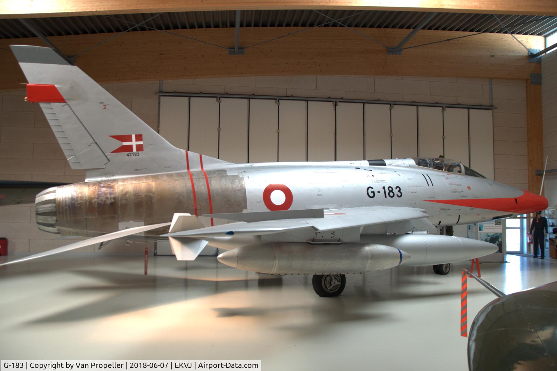 G-183, North American F-100D Super Sabre C/N 224-6, North American F-100D Super Sabre preserved in Danmarks Flymuseum at Stauning airport, Denmark. Composite of c/n 224-6 front fuselage and c/n 223-63 rear fuselage.