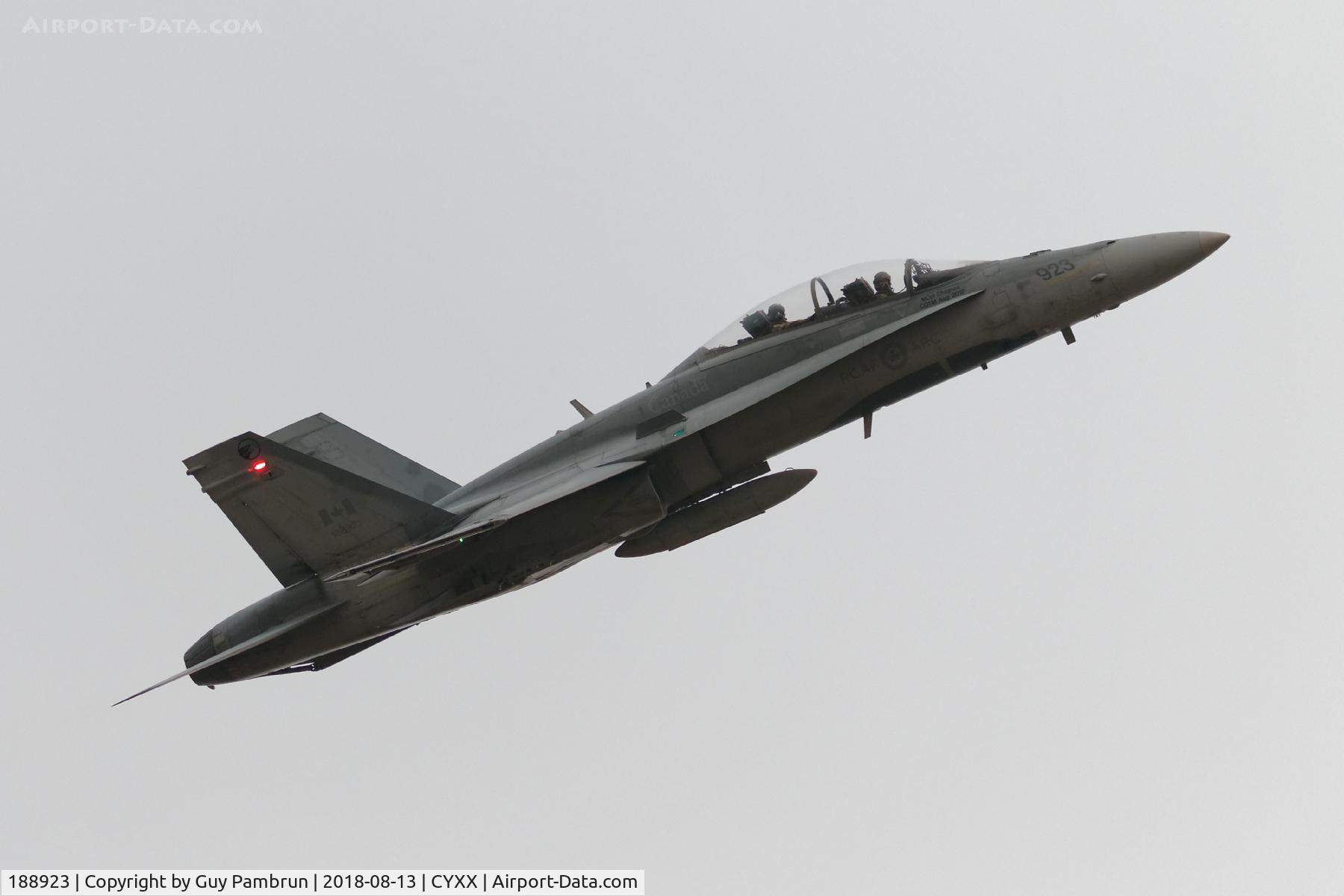 188923, 1986 McDonnell Douglas CF-188B Hornet C/N 0445/B080, Departing CYXX on a smokey & foggy morning.