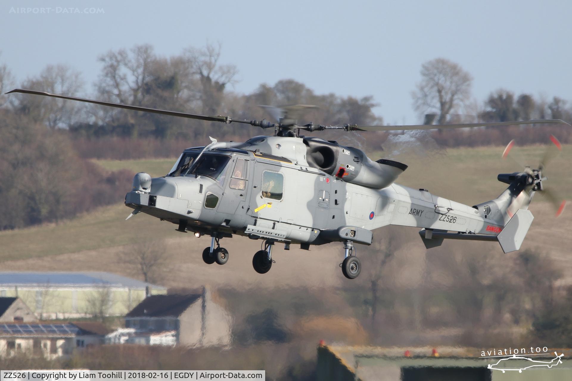 ZZ526, AgustaWestland AW-159 Wildcat AH.1 C/N 533, ZZ526 coming into land at RNAS Yeovilton