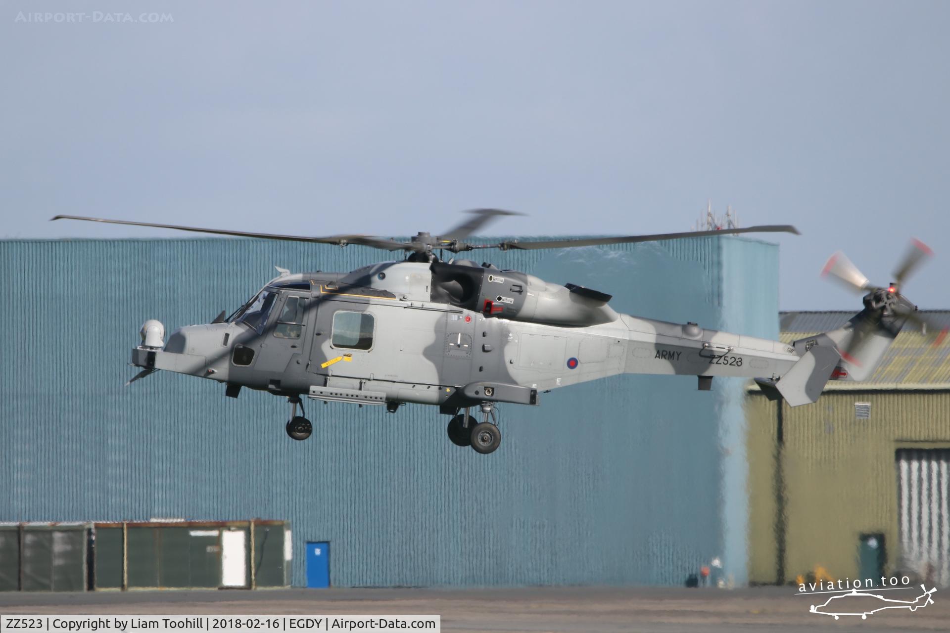 ZZ523, AgustaWestland AW-159 Wildcat AH.1 C/N 530, ZZ523 landing at RNAS Yeovilton