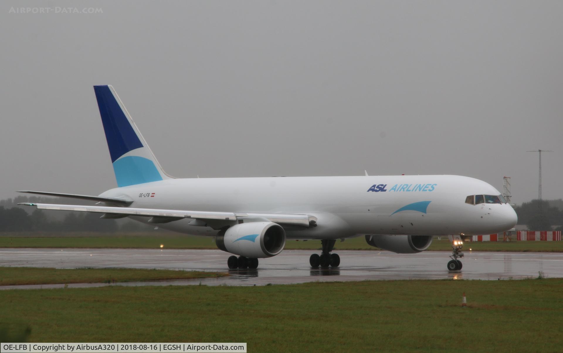 OE-LFB, 1990 Boeing 757-23APF C/N 24868, Departing a wet RWY 27 following repaint into ASL livery