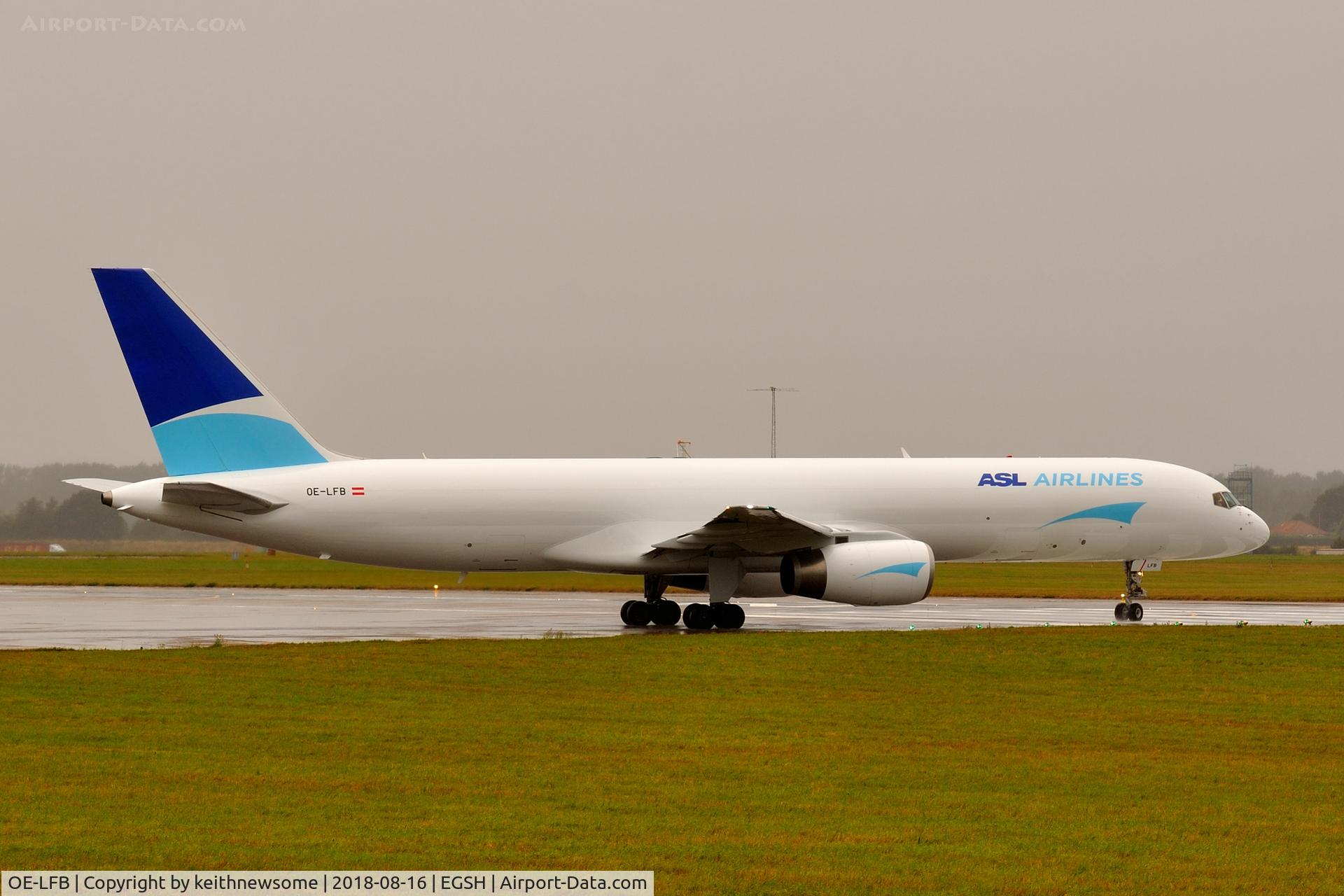 OE-LFB, 1990 Boeing 757-23APF C/N 24868, Leaving Norwich with ASL Airlines colour scheme.