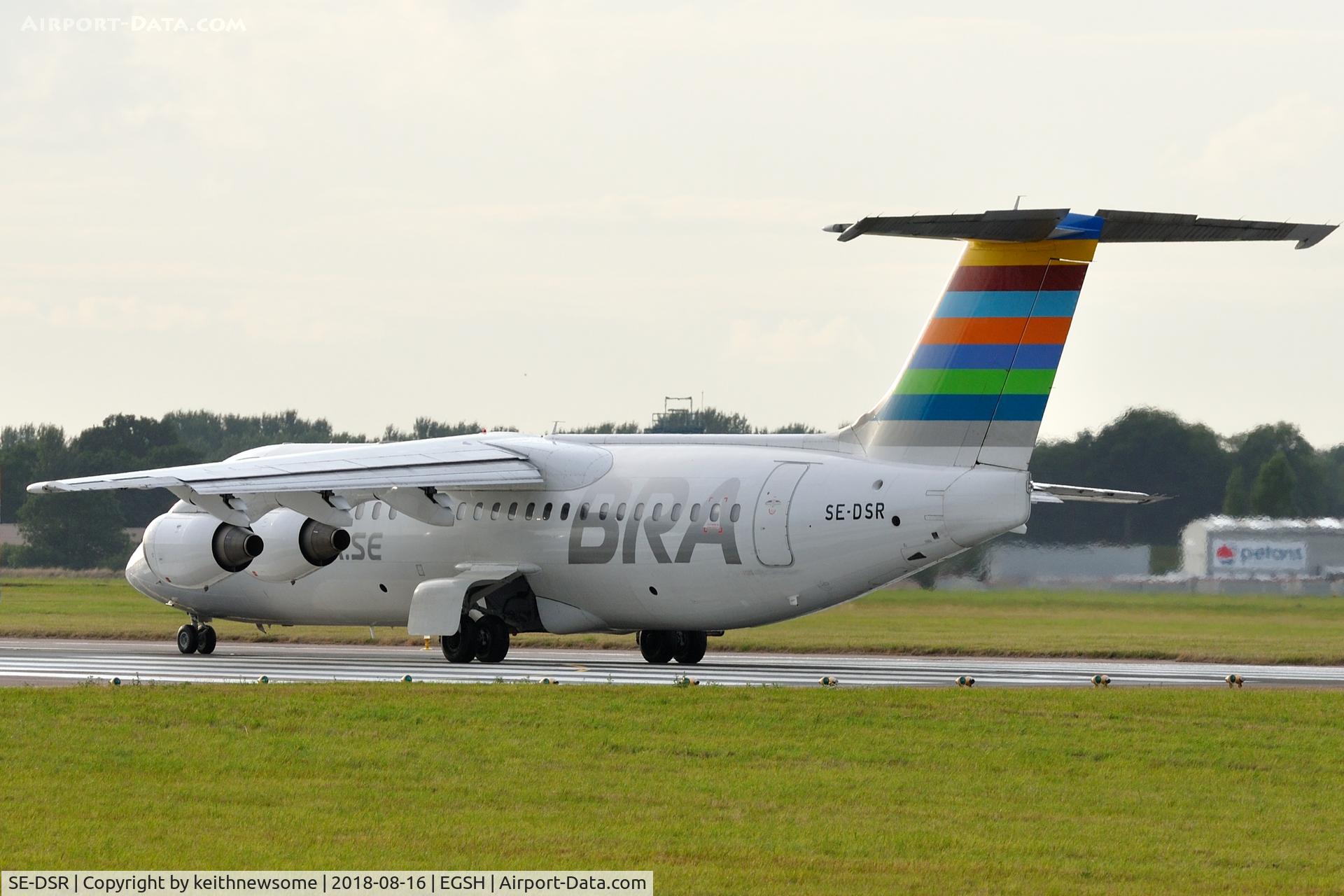 SE-DSR, 1994 British Aerospace Avro 146-RJ100A C/N E3244, Leaving Norwich for an air test.