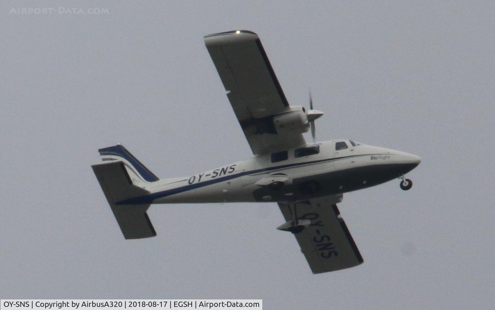 OY-SNS, Vulcanair P-68C C/N 504/C, Over flying Norwich carrying out survey work