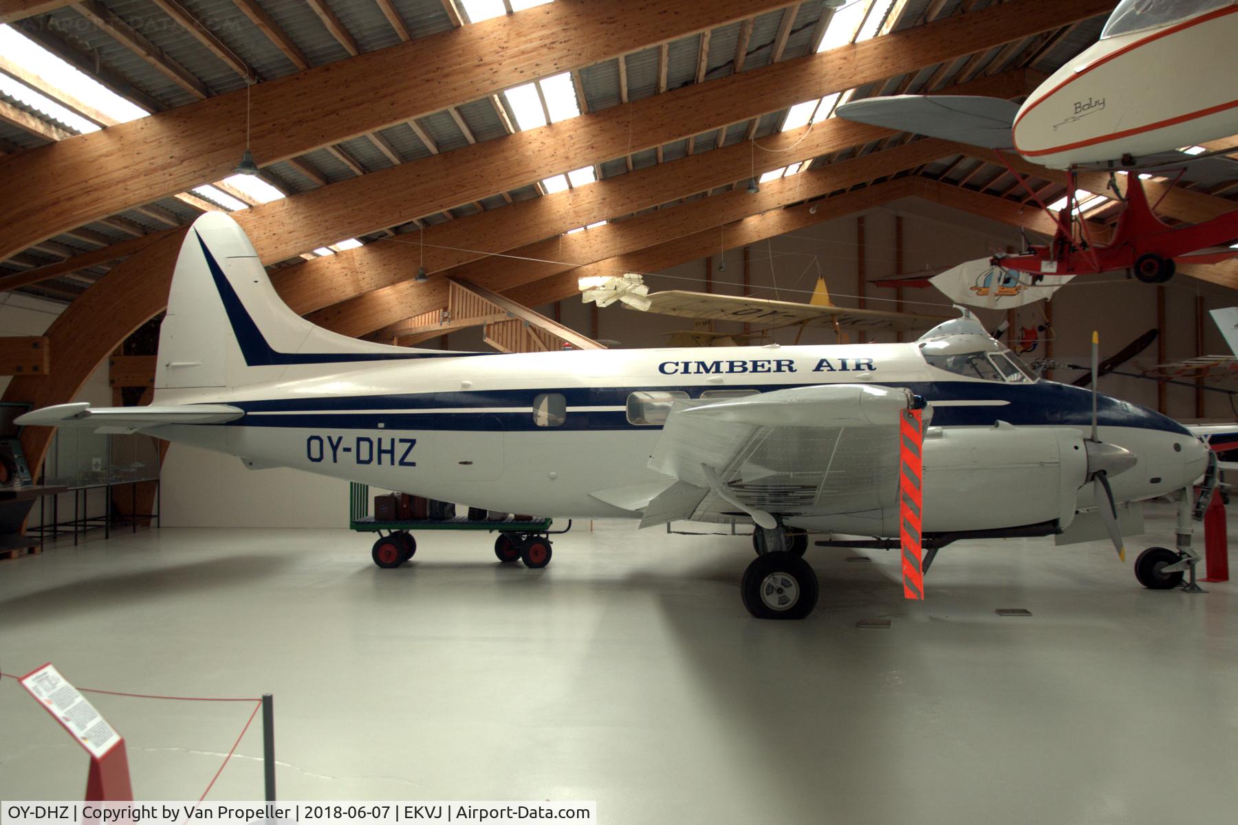 OY-DHZ, 1956 De Havilland DH-104 Dove 6 C/N 04476, Cimber Air De Havilland DH-104 Dove 6 in Danmarks Flymuseum at Stauning airport