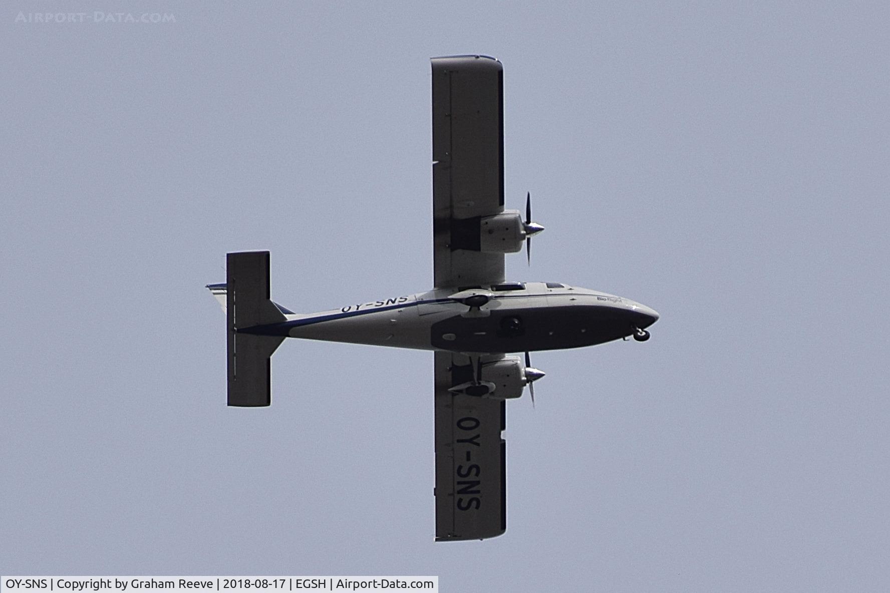 OY-SNS, Vulcanair P-68C C/N 504/C, Over head at Norwich.