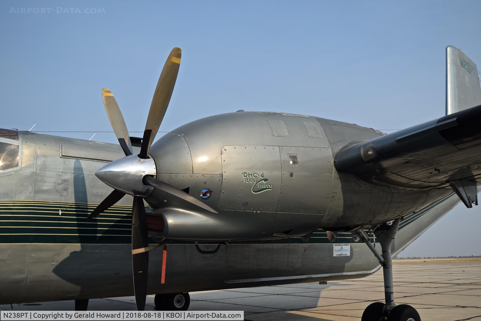 N238PT, 1965 De Havilland Canada DHC-4A Caribou C/N 238, The 14 cylinder P&W R-2000 had been replaced with a P&W PT6A-67T (producing 1424 BHP) and a 5 blade prop.