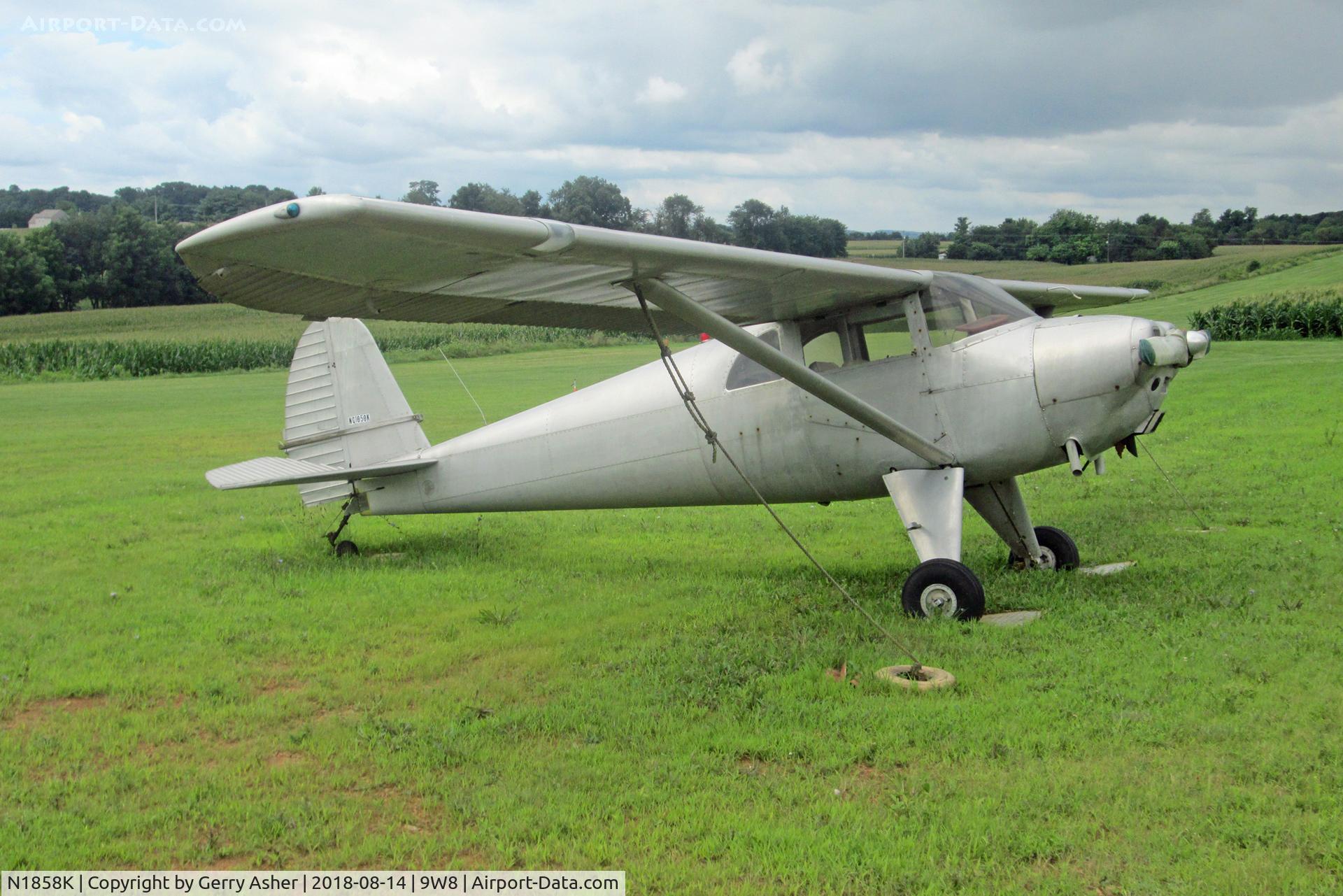 N1858K, 1947 Luscombe 8E Silvaire C/N 4585, On a tiedown at Baublitz Field