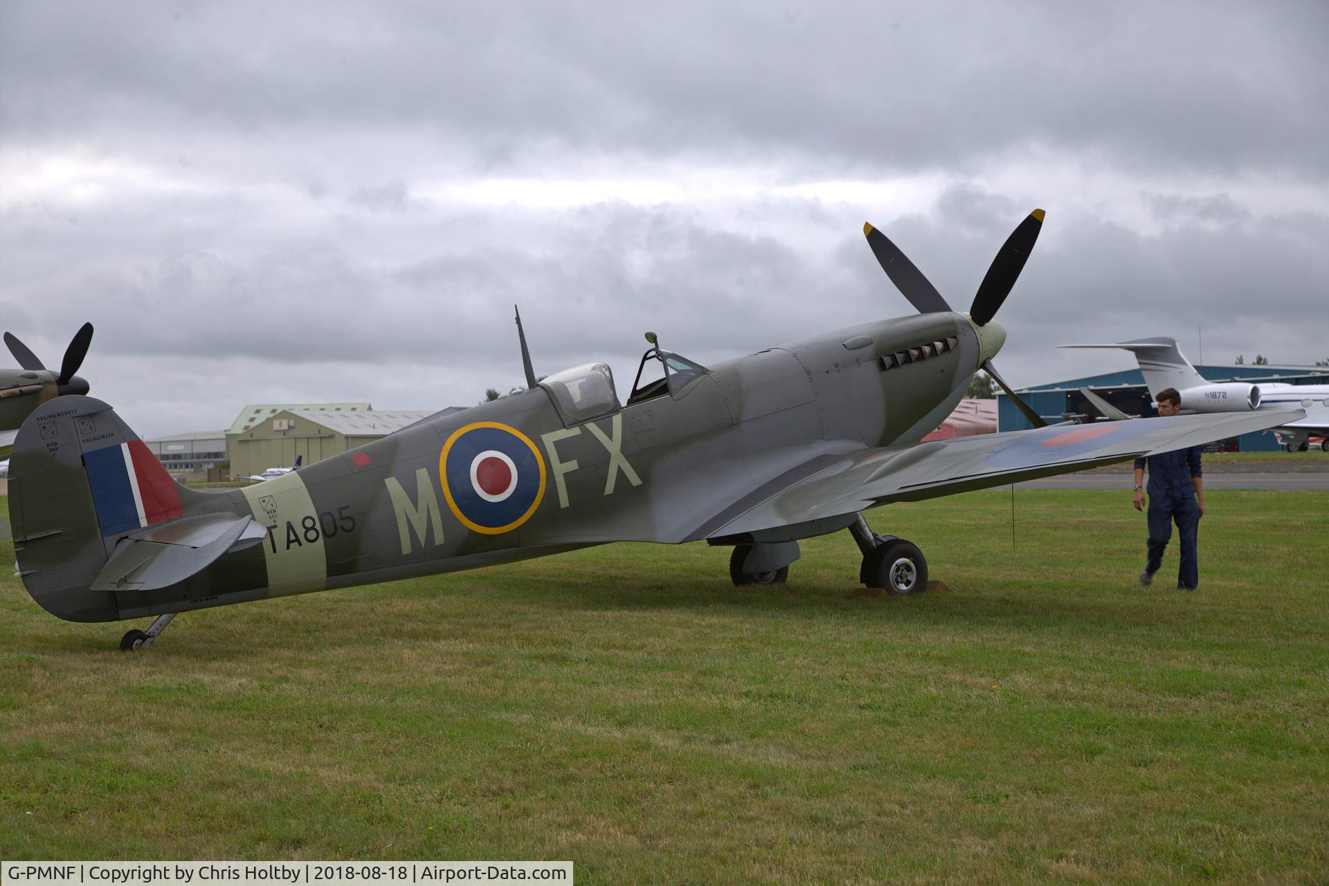G-PMNF, 1944 Supermarine 361 Spitfire HF.IX C/N CBAF.10372, Parked prior to Festival of Flight 2018 display at Biggin Hill