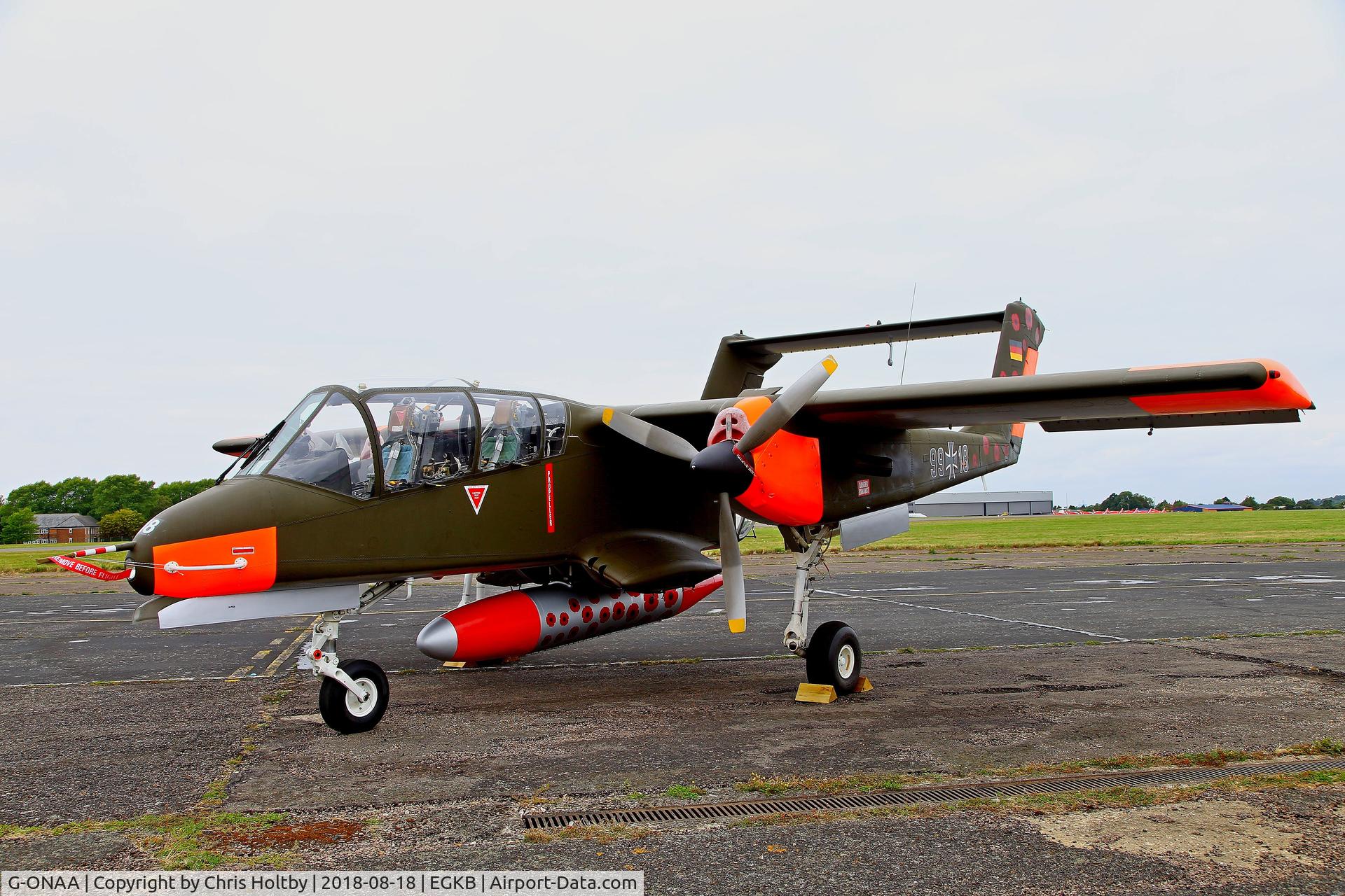 G-ONAA, 1971 North American OV-10B Bronco C/N 338-3, Prior to dispaly flight at BIggin Hill Festival of Flight 2018 - note poppy bomb...