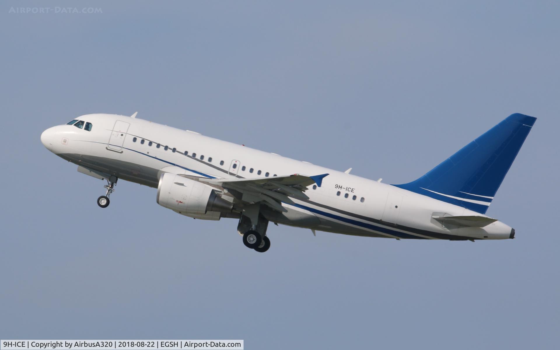 9H-ICE, 2010 Airbus A318-112CJ Elite C/N 4503, departing Norwich for Kiev