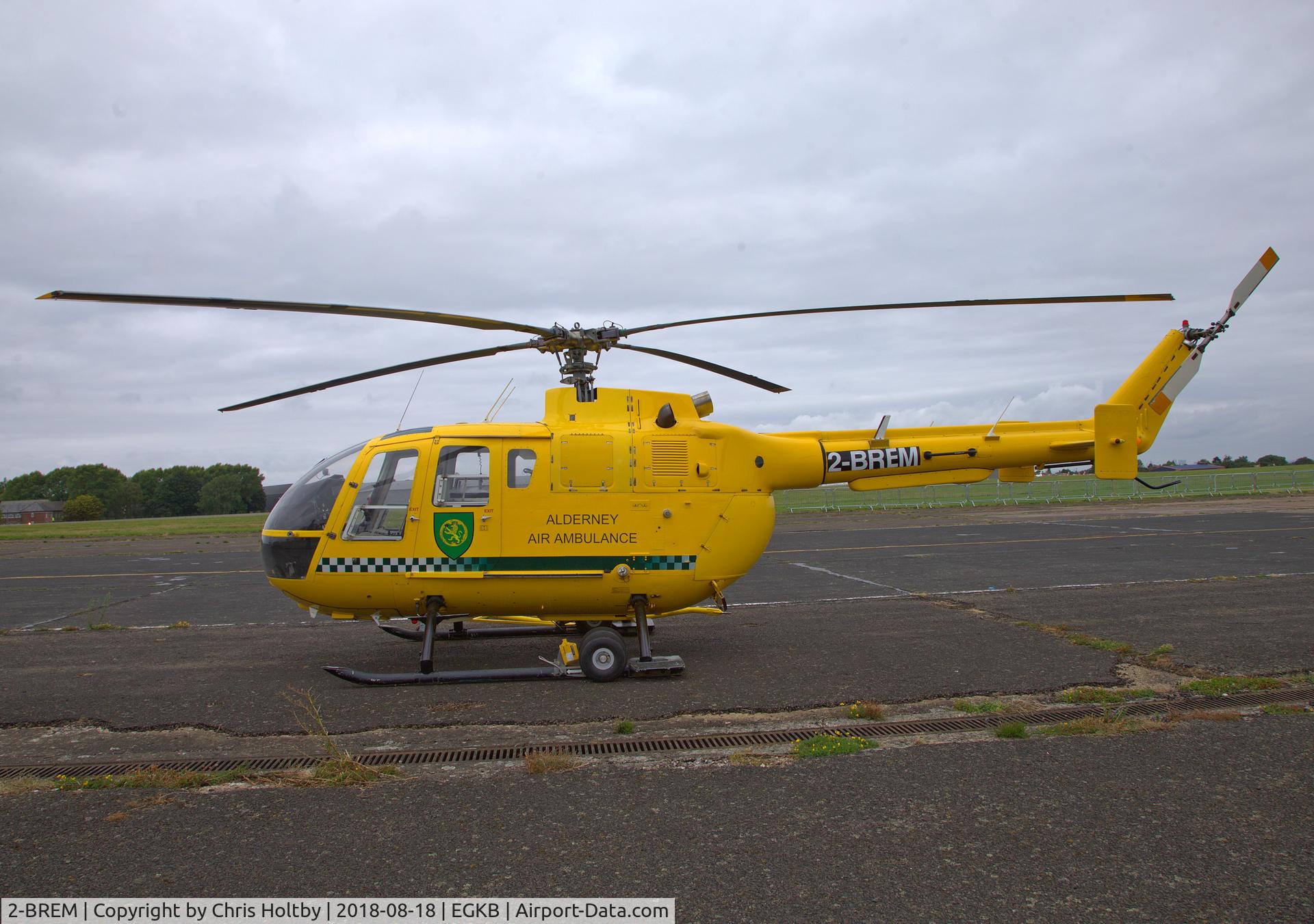 2-BREM, 1979 MBB Bo-105DBS-5 C/N S.382, On static display at Festival of Flight 2018 in Alderney Air Ambulance livery.