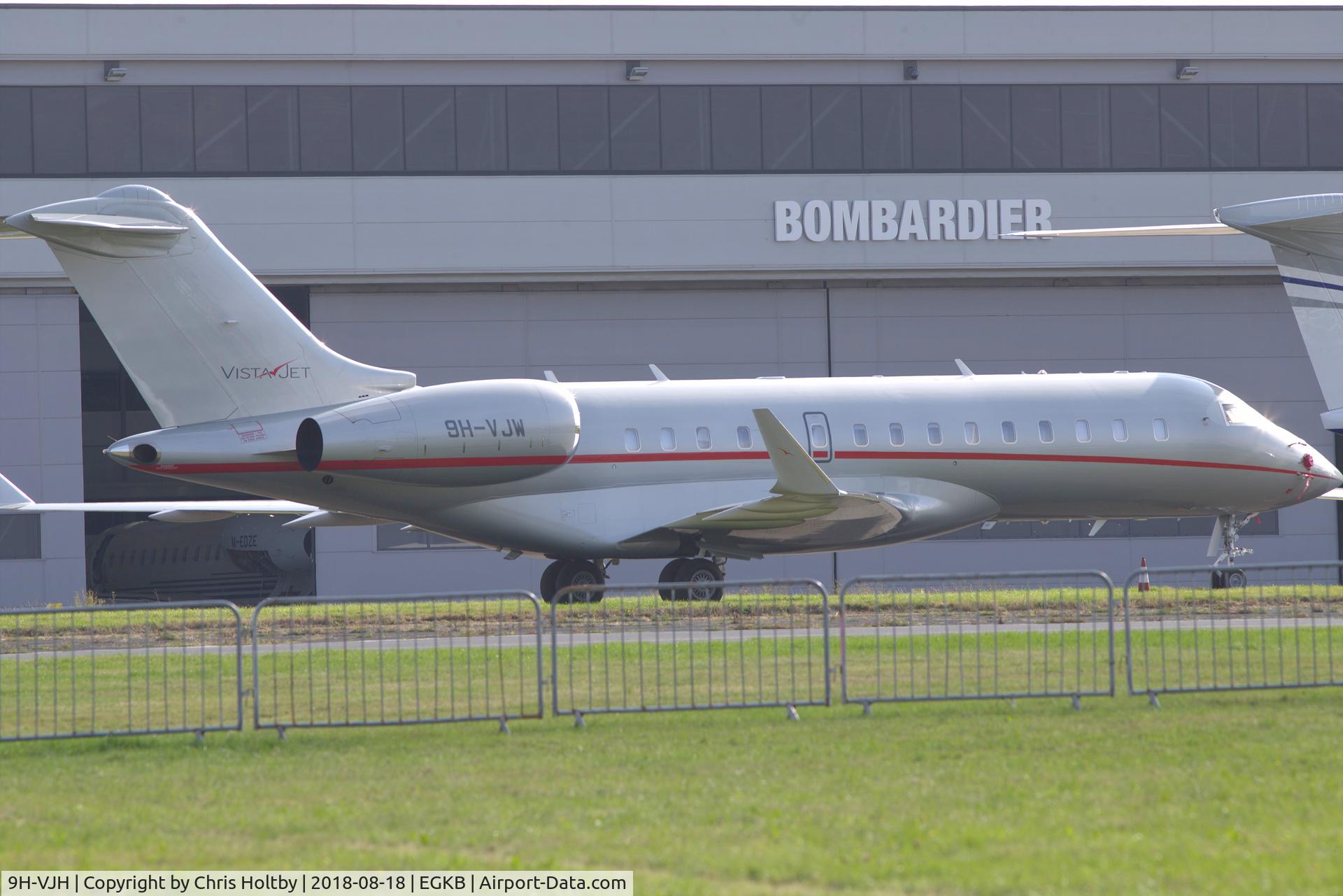 9H-VJH, 2013 Bombardier BD-700-1A10 Global 6000 C/N 9585, Appropriately parked in front of the Bombardier hanger at Biggin Hill