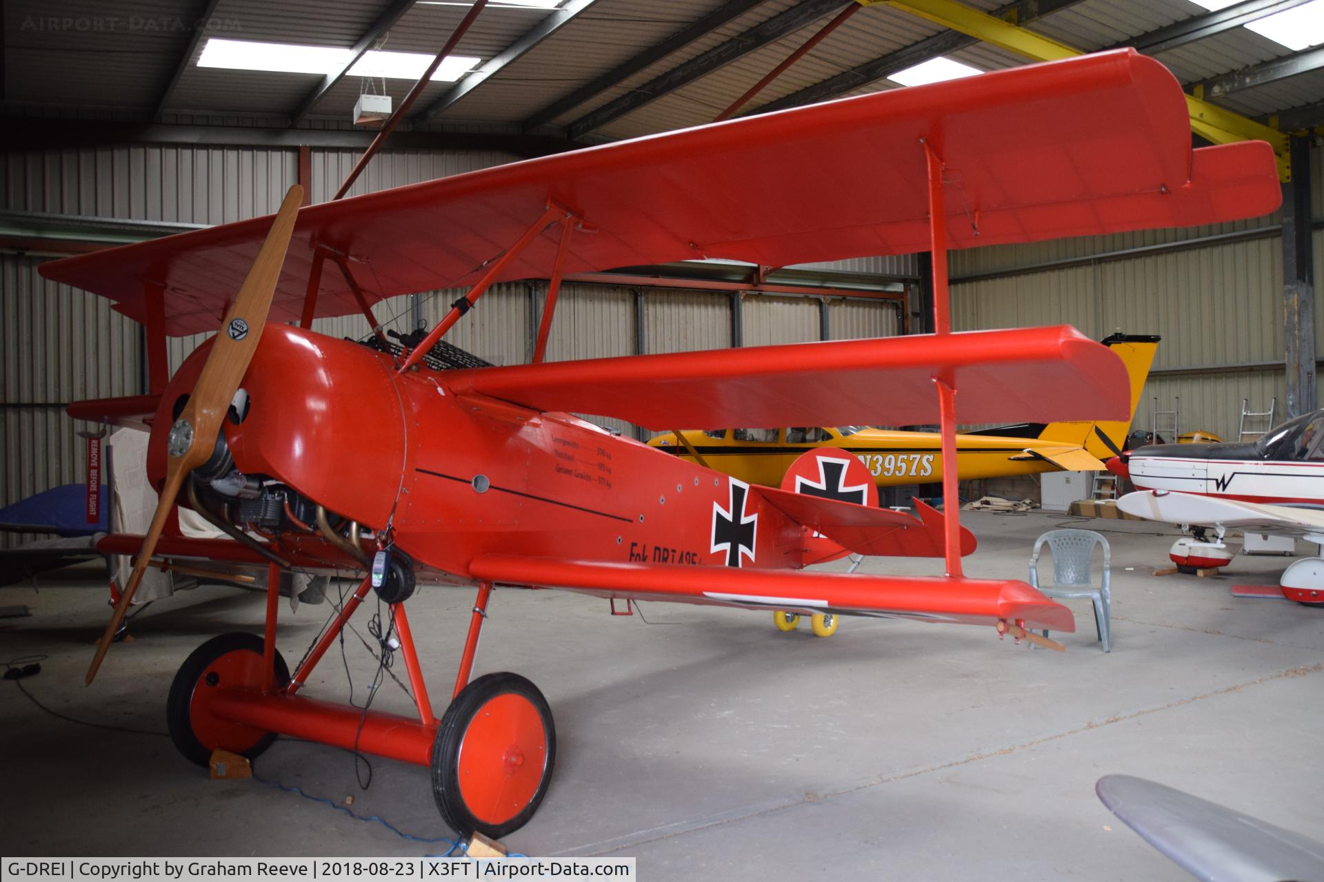 G-DREI, 2011 Fokker Dr.1 Triplane Replica C/N LAA 238-14848, Parked at Felthorpe.