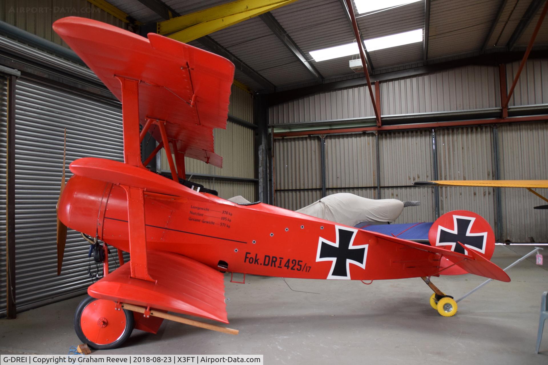 G-DREI, 2011 Fokker Dr.1 Triplane Replica C/N LAA 238-14848, Parked at Felthorpe.
