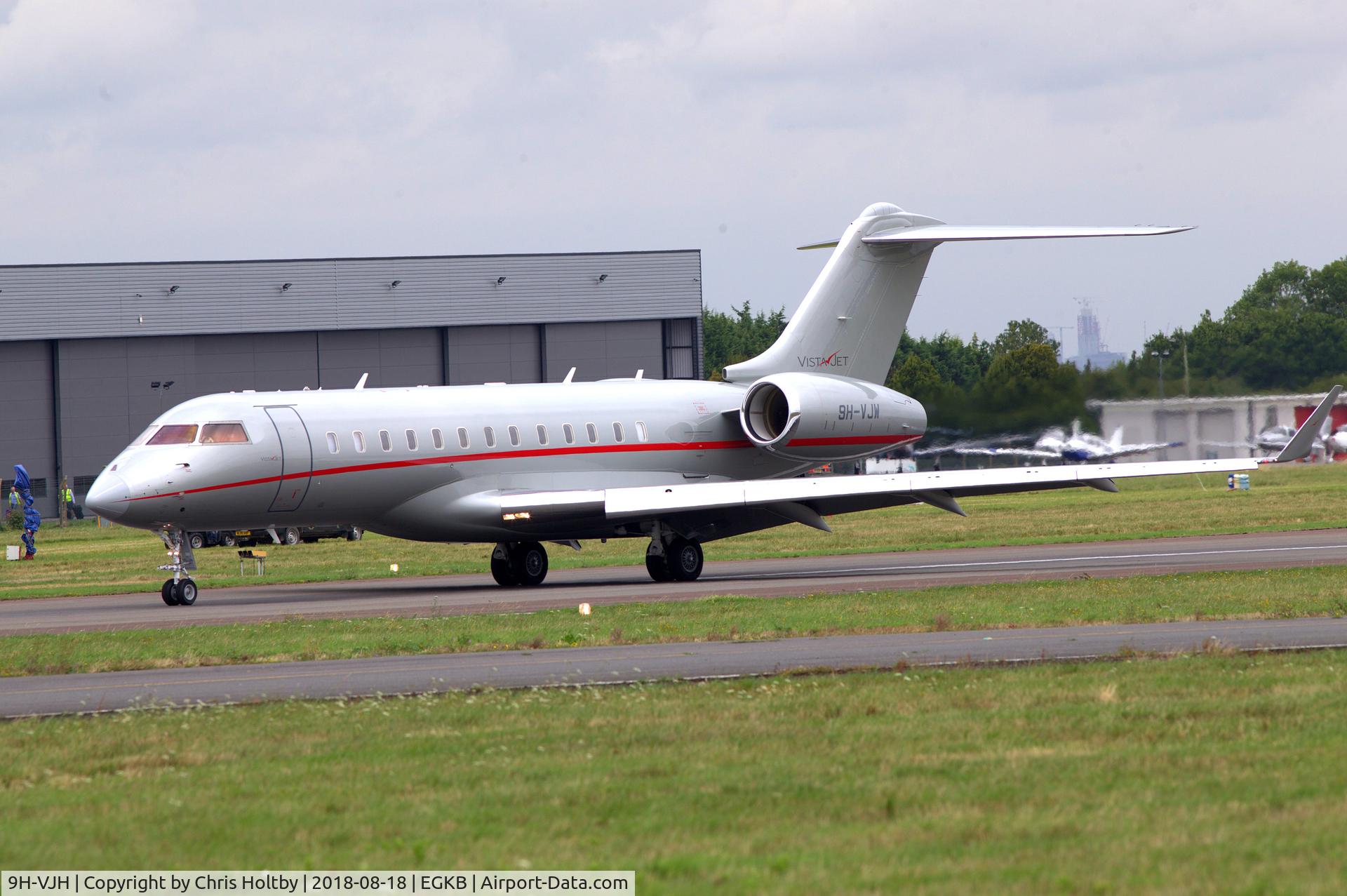 9H-VJH, 2013 Bombardier BD-700-1A10 Global 6000 C/N 9585, Landing prior to Festival of Flight 2018 at Biggin Hill