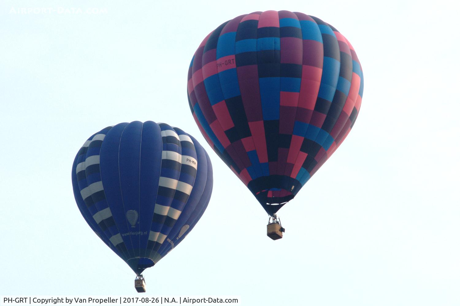 PH-GRT, 2013 Kubicek BB30Z C/N 972, Kubicek BB30Z balloon (front) during Twente Ballooning 2017 at Oldenzaal, the Netherlands. Cameron A-180 PH-MIM behind it.