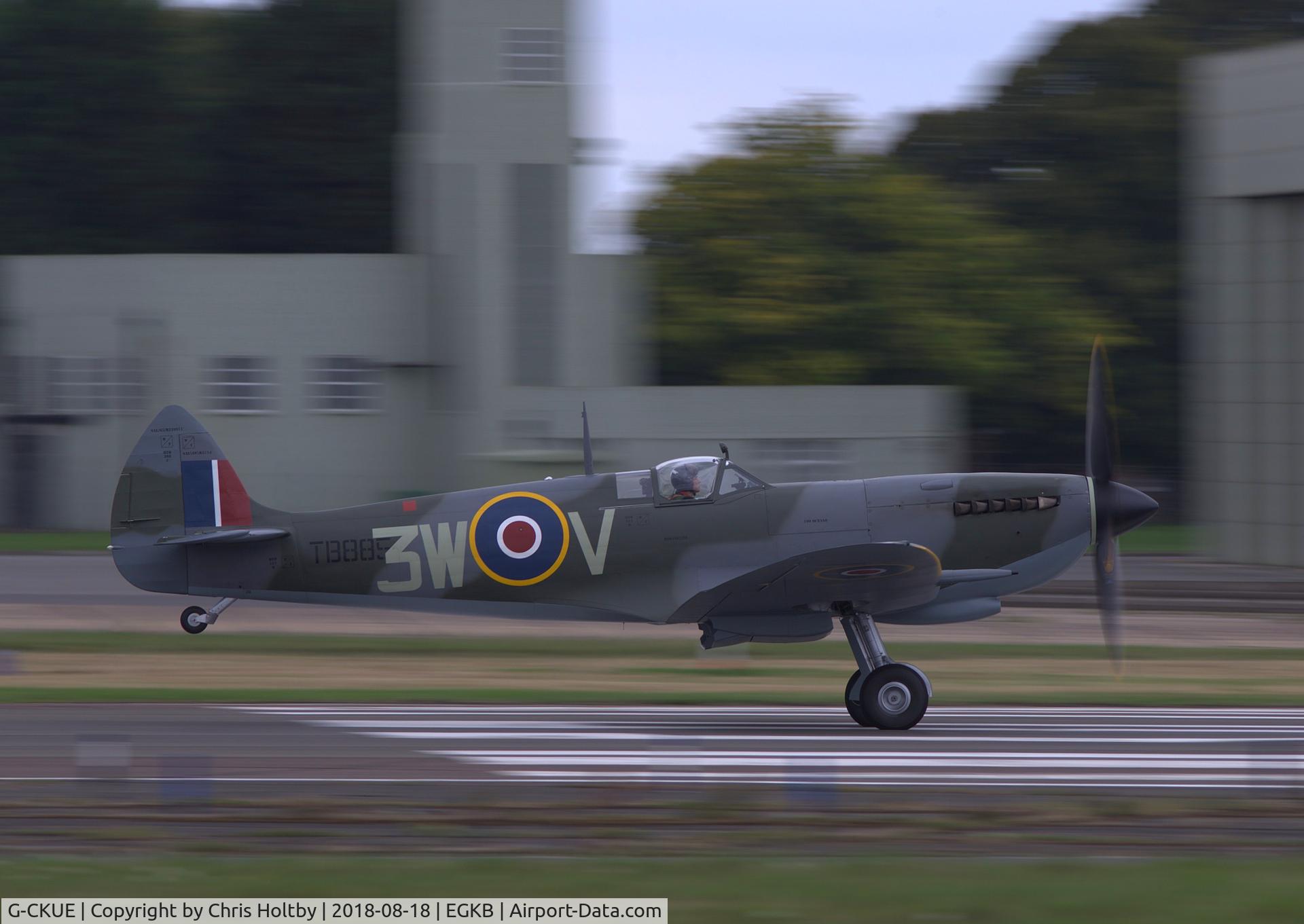 G-CKUE, Supermarine Spitfire LF.XVI C/N CBAF 10917, Taking off for the Festival of Flight 2018 Battle of Britain display