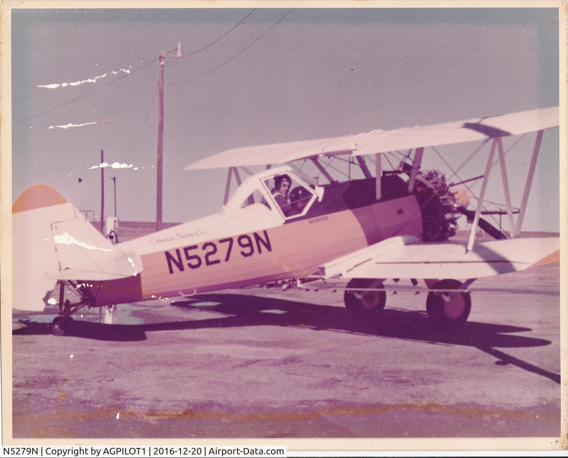 N5279N, 1942 Boeing E75 C/N 75-5926, I was flying this airplane in the early 70's for American Dusting Company of Chickasha, Ok   That is me in it at Erick Ok in western Ok.