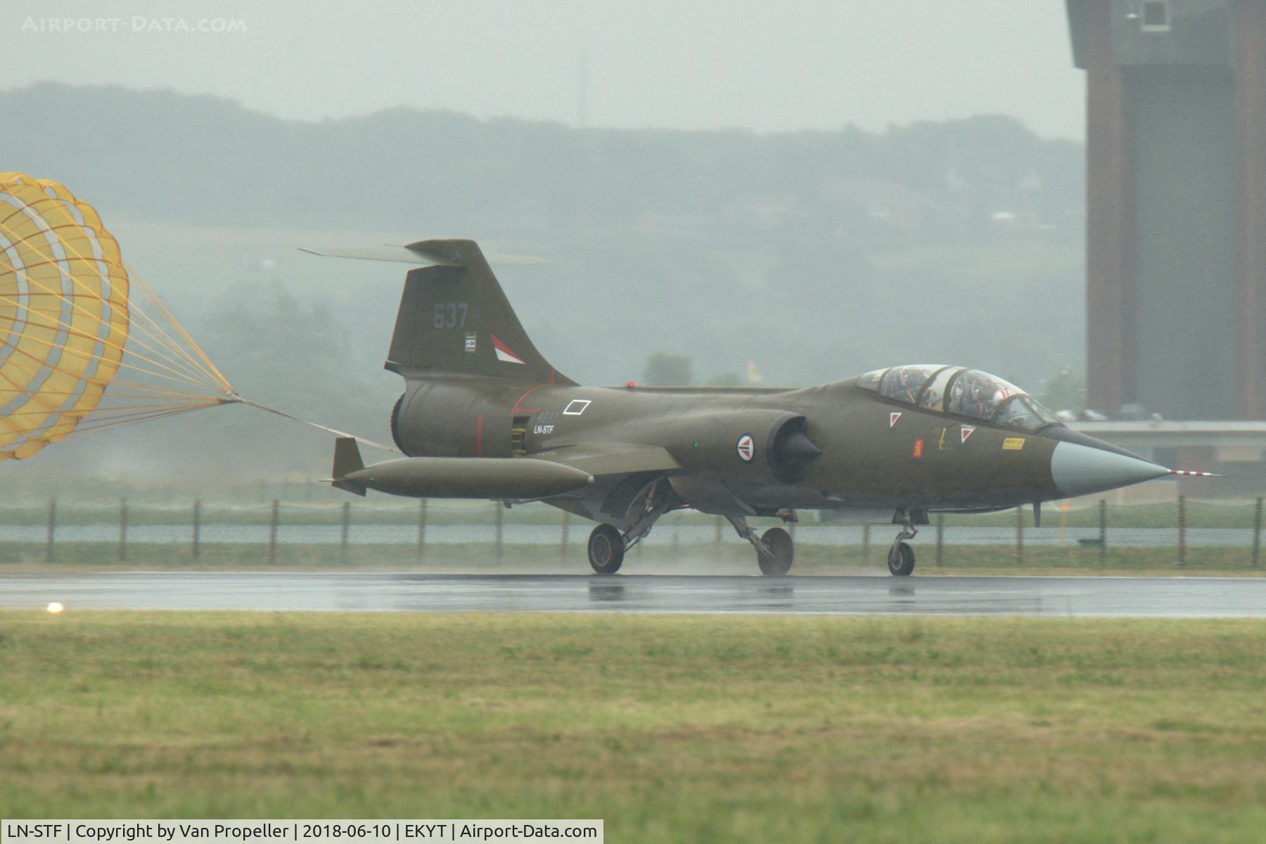 LN-STF, Lockheed CF-104D Starfighter C/N 583A-5307, Lockheed CF-104D Starfighter of the Norwegian Friends of the Starfighter landing in the pouring rain at Aalborg air show 2018 in Denmark