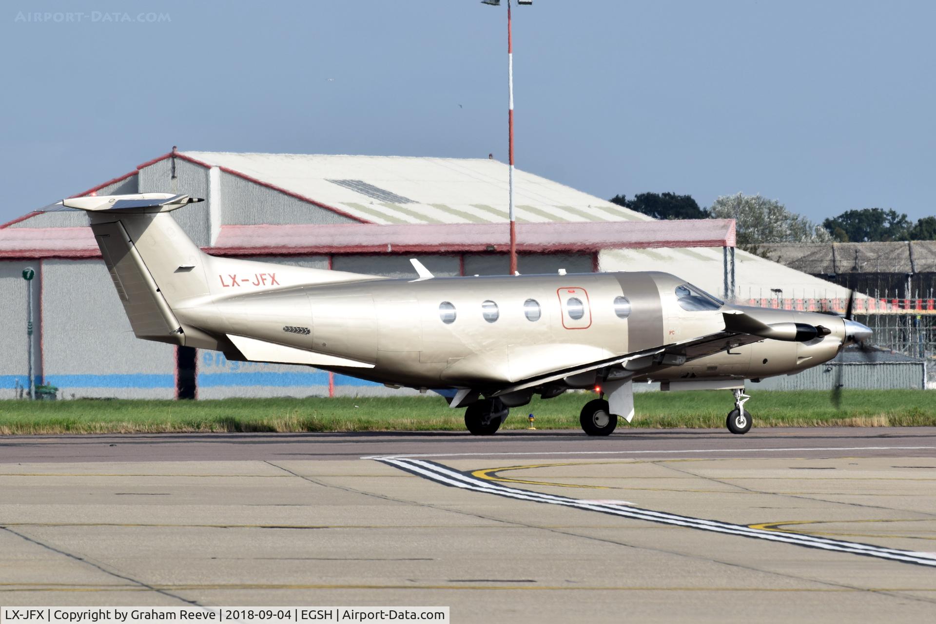 LX-JFX, 2014 Pilatus PC-12/47E C/N 1510, Departing from Norwich.