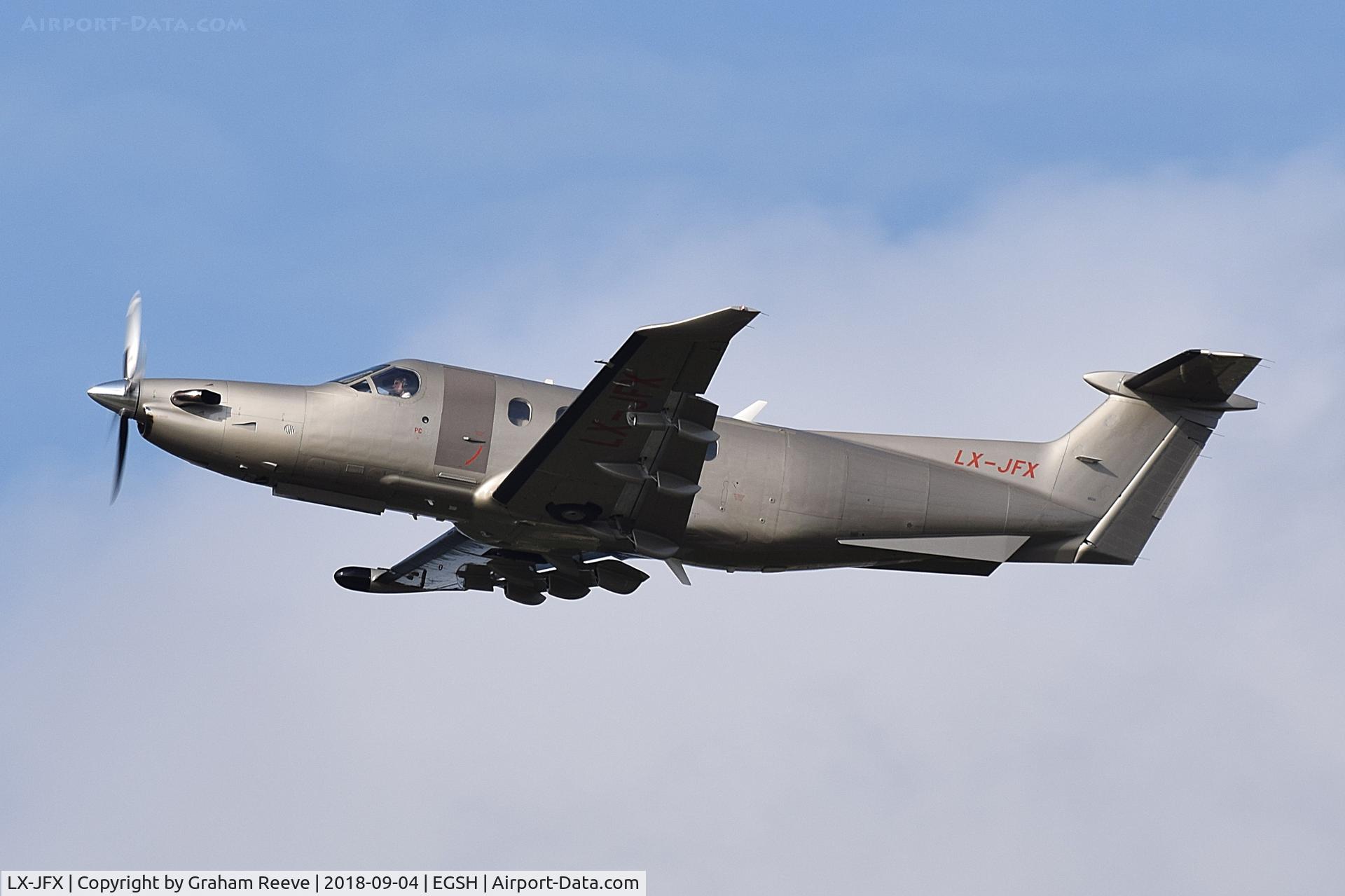 LX-JFX, 2014 Pilatus PC-12/47E C/N 1510, Departing from Norwich.