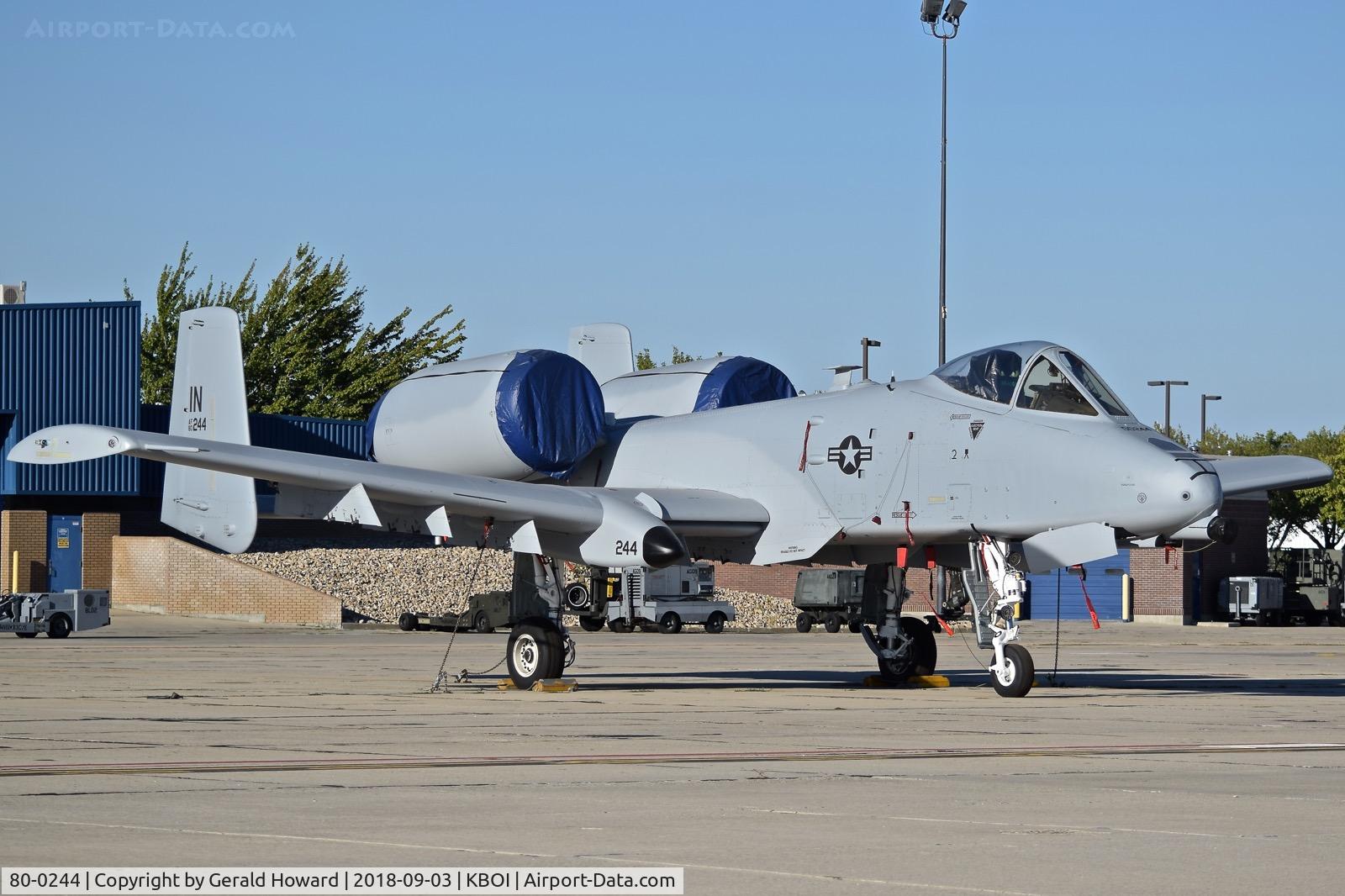 80-0244, 1980 Fairchild Republic A-10C Thunderbolt II C/N A10-0594, Parked on the Idaho ANG ramp with a fresh paint job. Unknown if it is still assigned to the Indiana ANG or transferred to 190th Fighter Sq., Idaho ANG.