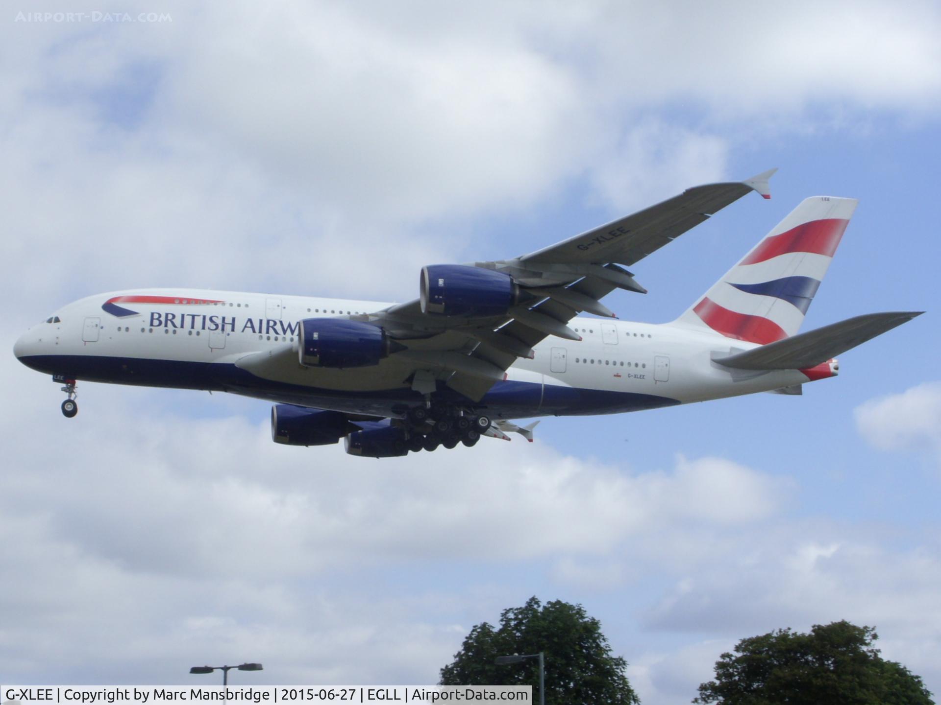 G-XLEE, 2013 Airbus A380-841 C/N 148, Landing runway 27L at Heathrow airport EGLL