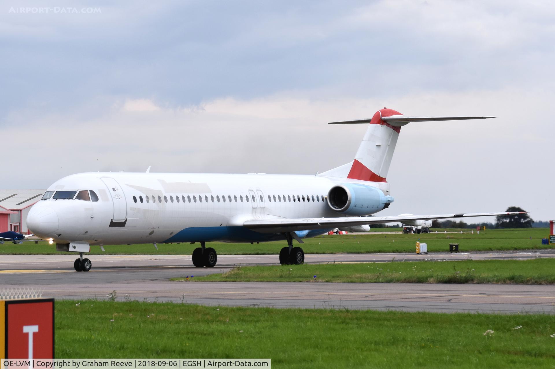 OE-LVM, 1991 Fokker F100 (F-28-0100) C/N 11361, Just landed at Norwich with logos removed.