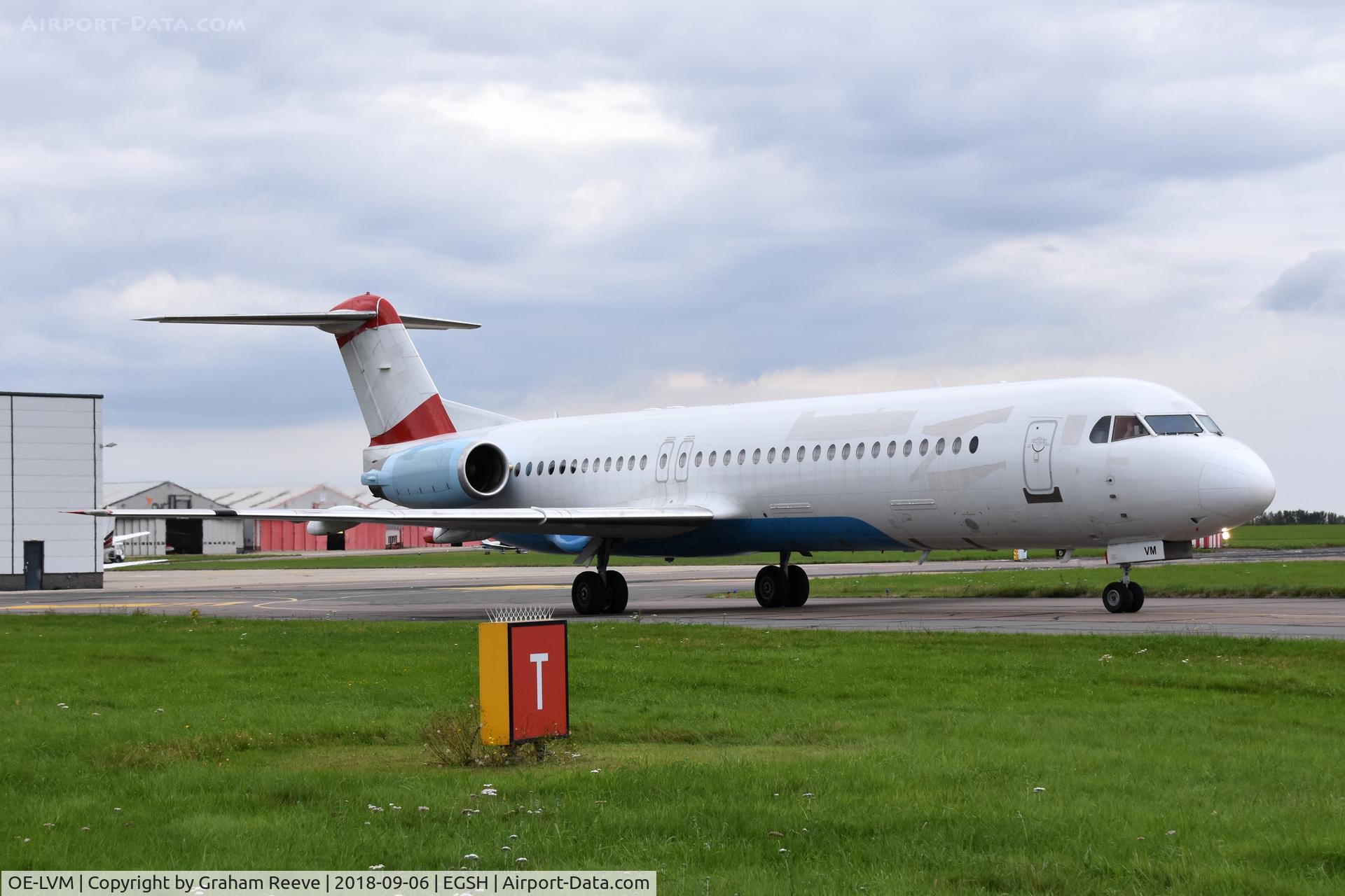 OE-LVM, 1991 Fokker F100 (F-28-0100) C/N 11361, Just landed at Norwich with logos removed.