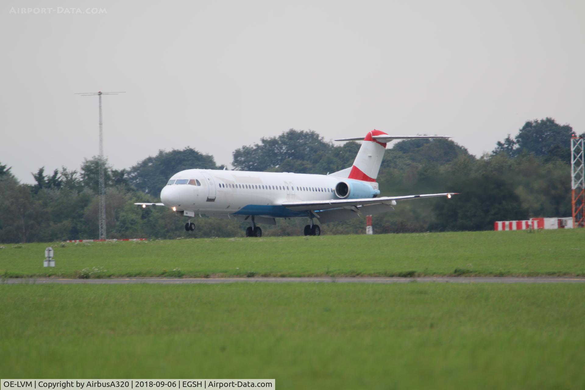 OE-LVM, 1991 Fokker F100 (F-28-0100) C/N 11361, Arriving at Norwich following a flight from Bratislava where this former Austrian Arrow had been stored for a while. She at Norwich for work with KLM and possible paint job before going to Aliance