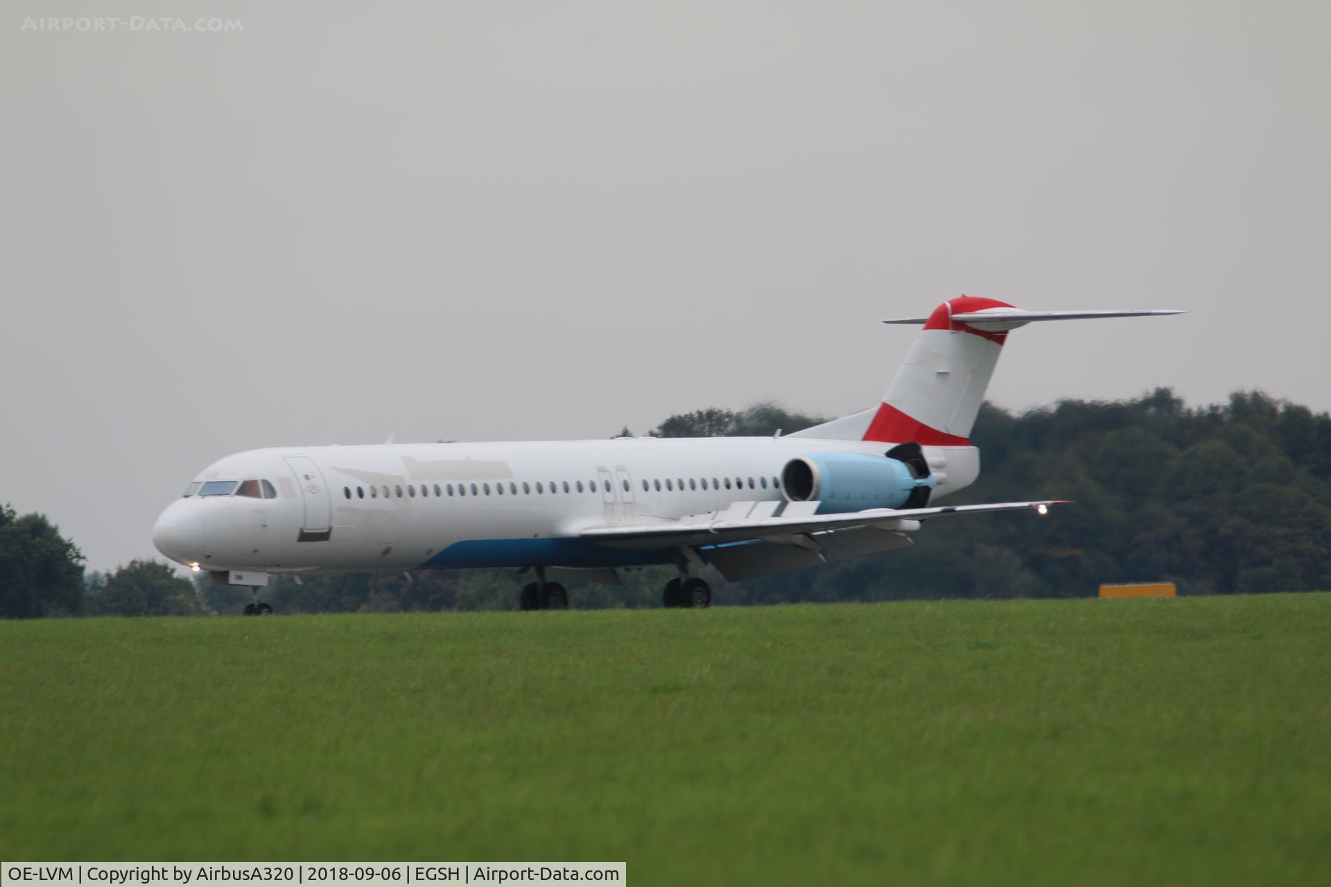OE-LVM, 1991 Fokker F100 (F-28-0100) C/N 11361, Arriving at Norwich following a flight from Bratislava where this former Austrian Arrow had been stored for a while. She at Norwich for work with KLM and possible paint job before going to Aliance