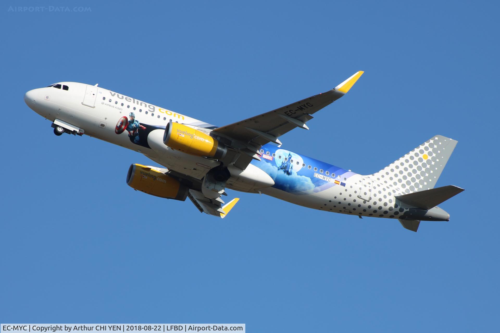 EC-MYC, 2018 Airbus A320-232 C/N 8238, Vueling A320 with Disneyland Paris Livery taking off RWY23 to Barcelona from Bordeaux