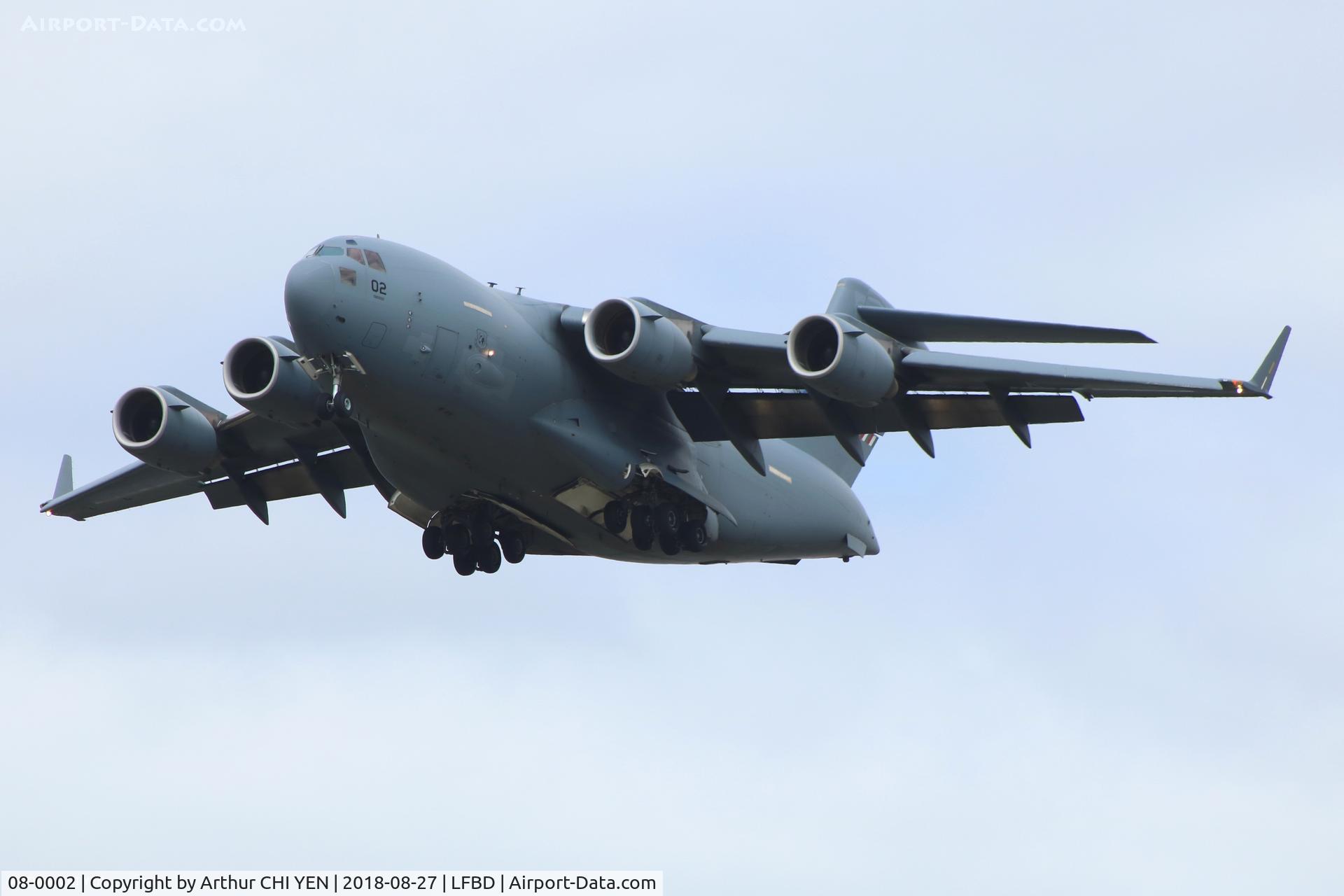 08-0002, 2009 Boeing C-17A Globemaster III C/N F-210, NATO C17 on final runway 23 at BOD.