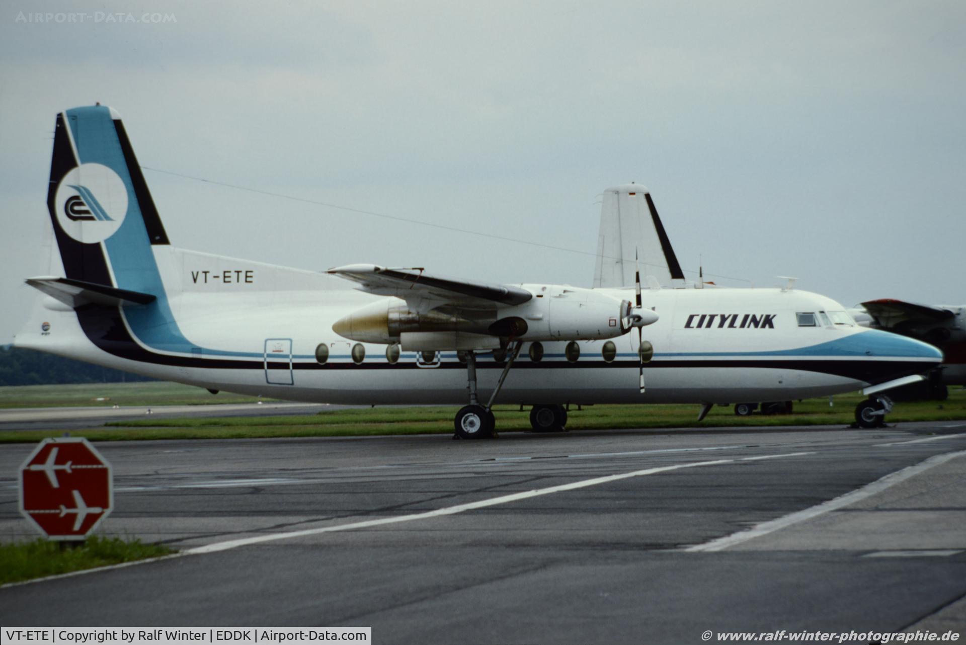 VT-ETE, 1969 Fokker F-27-200 Friendship C/N 10414, Fokker F27-200 Friendship - XF Citylink Airways - 10414 - VT-ETE - 05.1993 - CGN