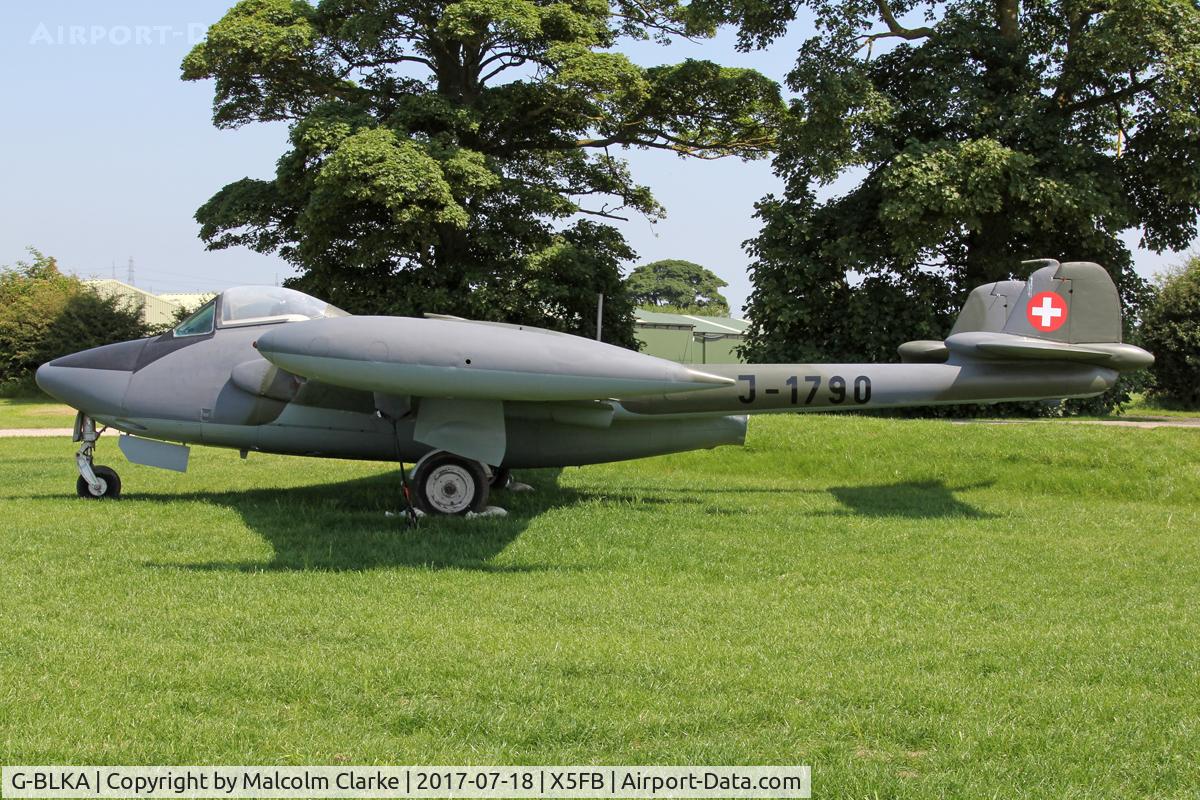 G-BLKA, 1957 De Havilland (F+W Emmen) DH-112 Venom FB.54 C/N 431, De Havilland (F+W Emmen) DH-112 Venom FB.54, Fishburn Airfield's gate guardian, on loan from the De Havilland Museum. July 18th 2017.