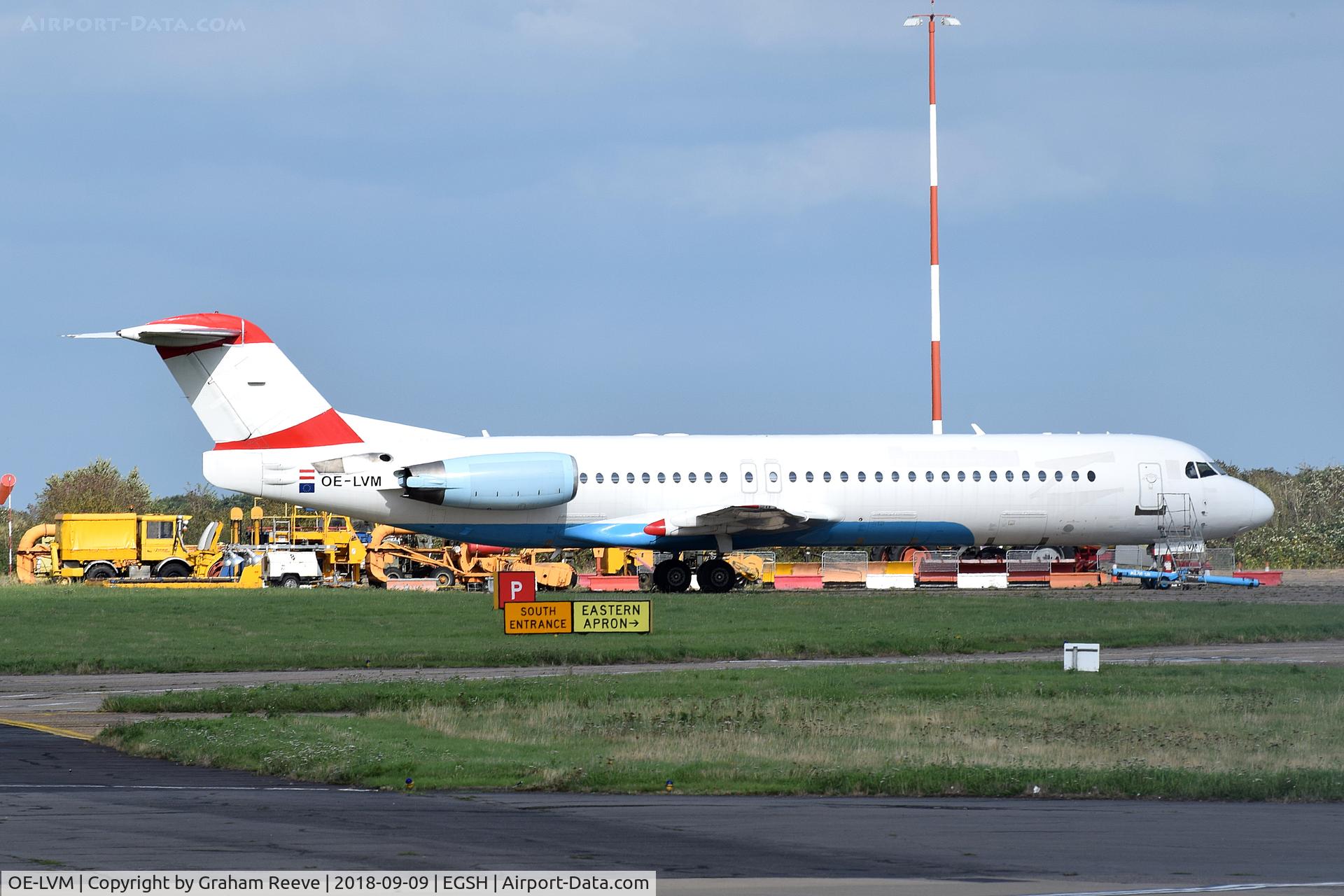 OE-LVM, 1991 Fokker F100 (F-28-0100) C/N 11361, Parked at Norwich.