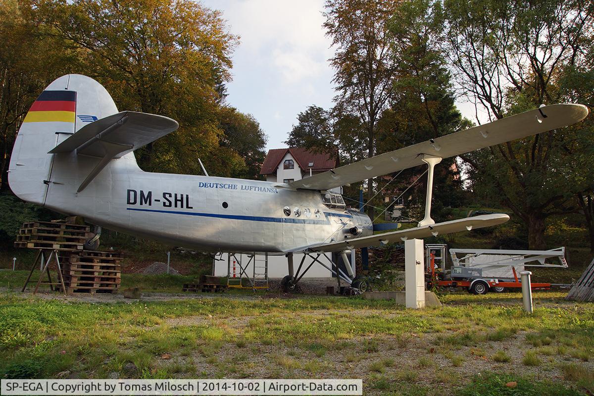 SP-EGA, Antonov (PZL-Mielec) An 2 C/N 1G168-06b, Displayed in old Lufthansa livery with fake registration DM-SHL in Suhl (SHL), Thuringia, Germany.