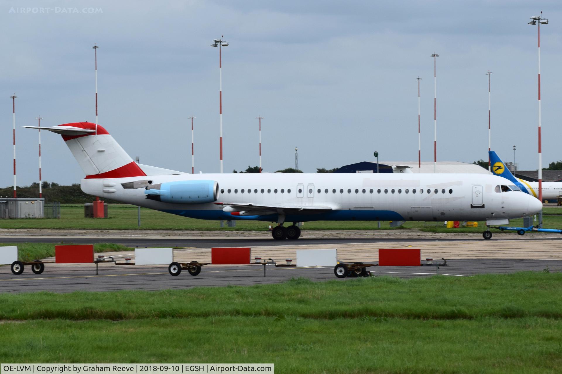 OE-LVM, 1991 Fokker F100 (F-28-0100) C/N 11361, Under tow and now with registration removed.