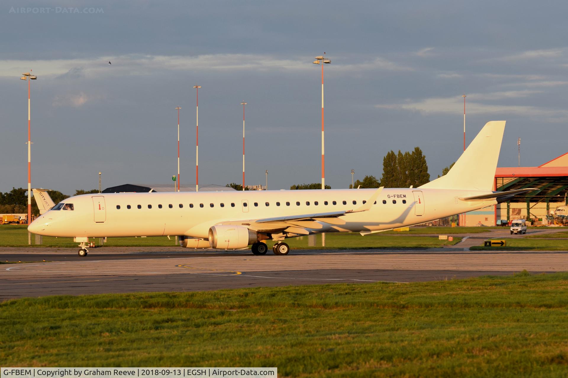 G-FBEM, 2008 Embraer 195LR (ERJ-190-200LR) C/N 19000204, Departing from Norwich after a re-spray.