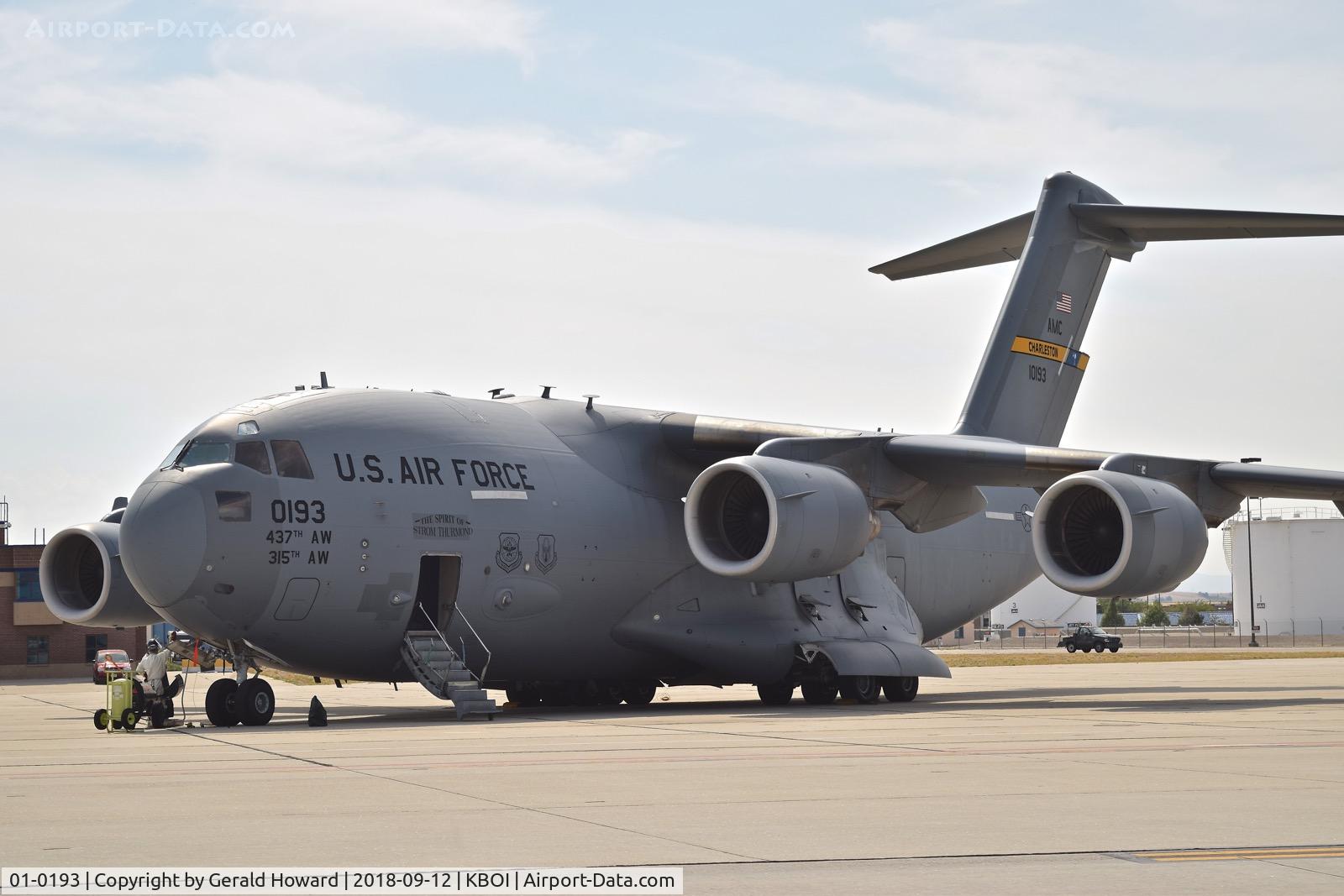 01-0193, 2001 Boeing C-17A Globemaster III C/N P-93, Parked on the Idaho ANG ramp. 437th Airlift Wing, Charleston AFB, SC.