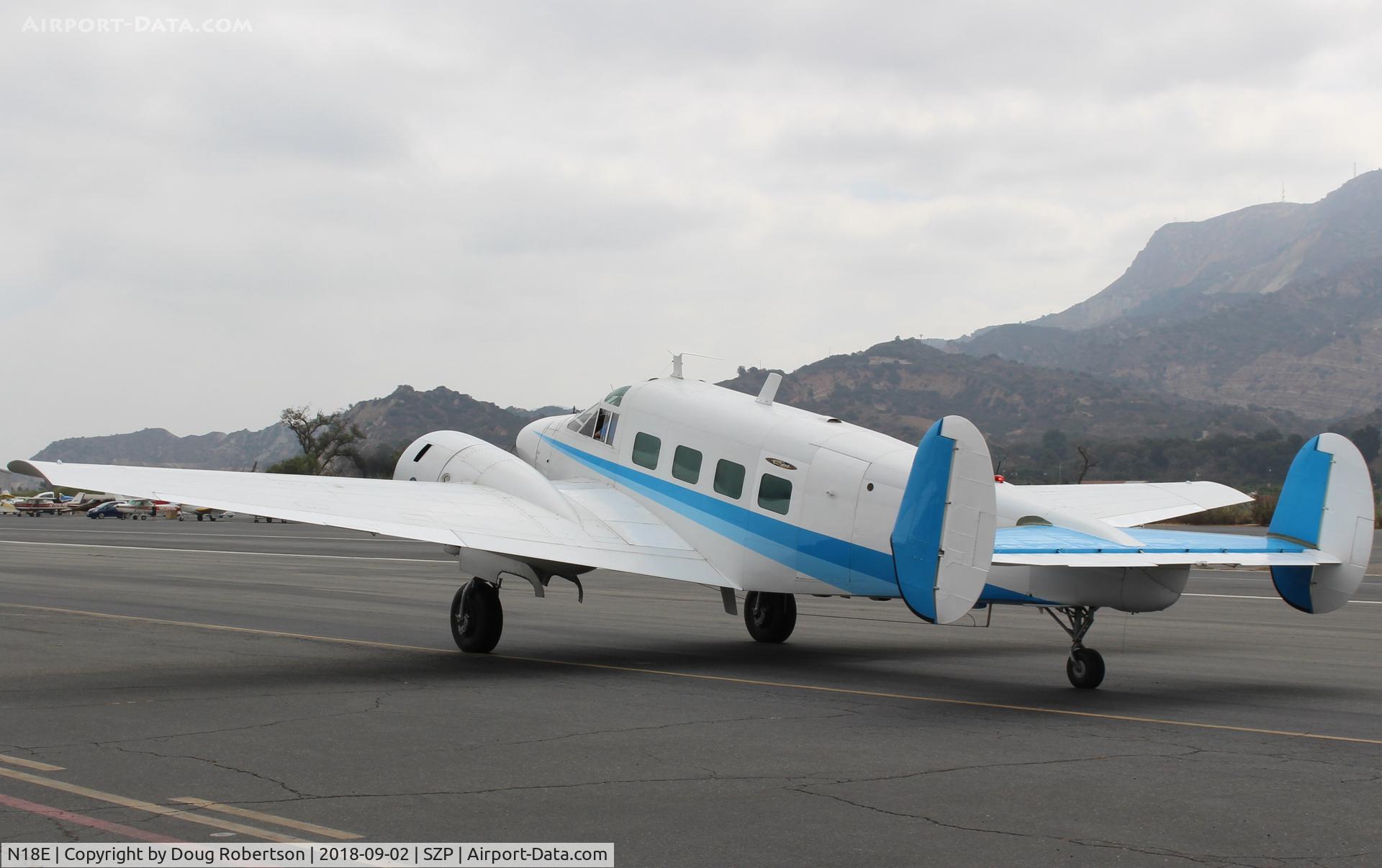 N18E, 1958 Beech E18S C/N BA-383, 1958 Beech SUPER E18S, two P&W-R985 450 Hp each radials, E model first of the Super models, taxi back