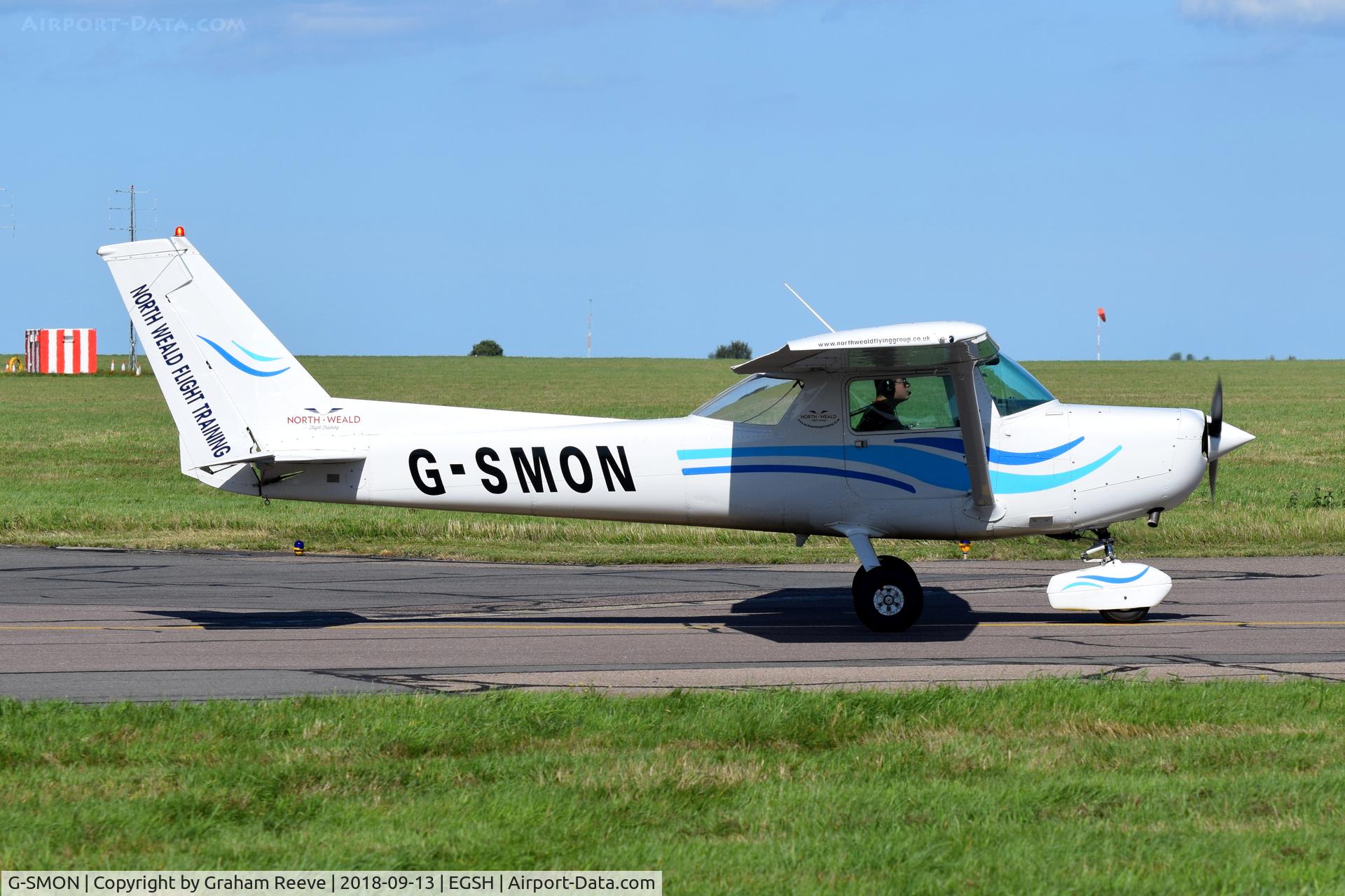 G-SMON, 1976 Cessna A152 Aerobat C/N A152-0805, Departing from Norwich.