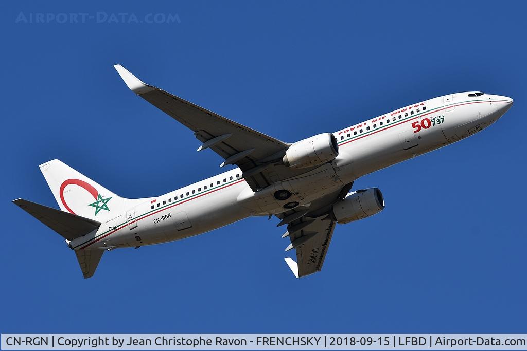 CN-RGN, 2013 Boeing 737-8B6 C/N 33075, Royal Air Maroc (50th Boeing 737 Sticker) AT793 take off runway 05 to Casablanca