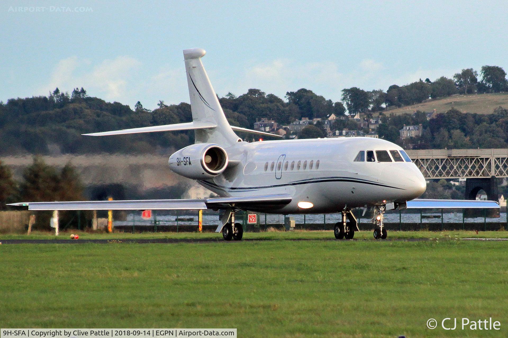9H-SFA, 2004 Dassault Falcon 2000EX C/N 39, Take off roll at Dundee - Tay Rail Bridge in the background