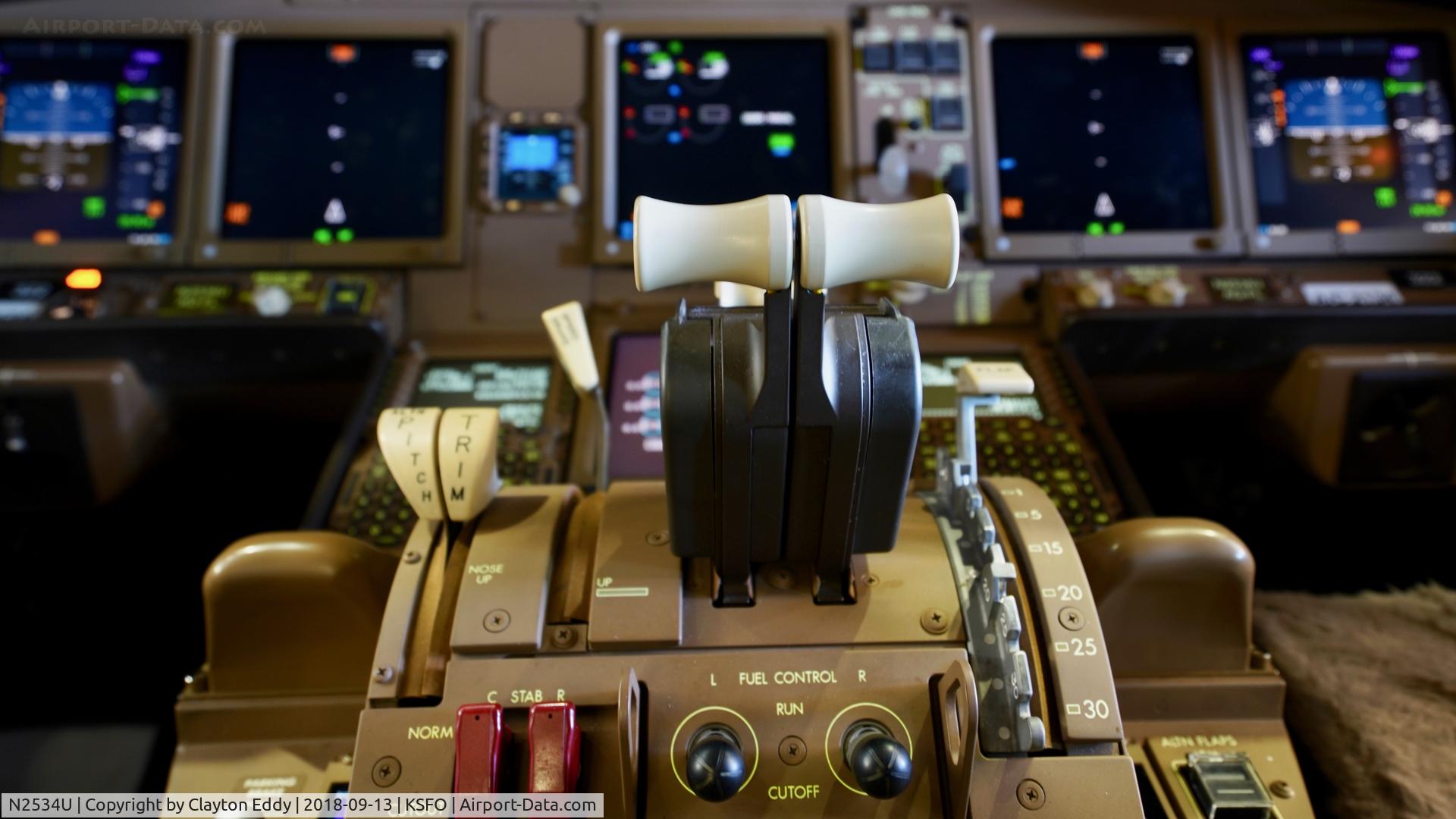 N2534U, 2017 Boeing 777-300/ER C/N 62645, Center control panel. SFO 2018.