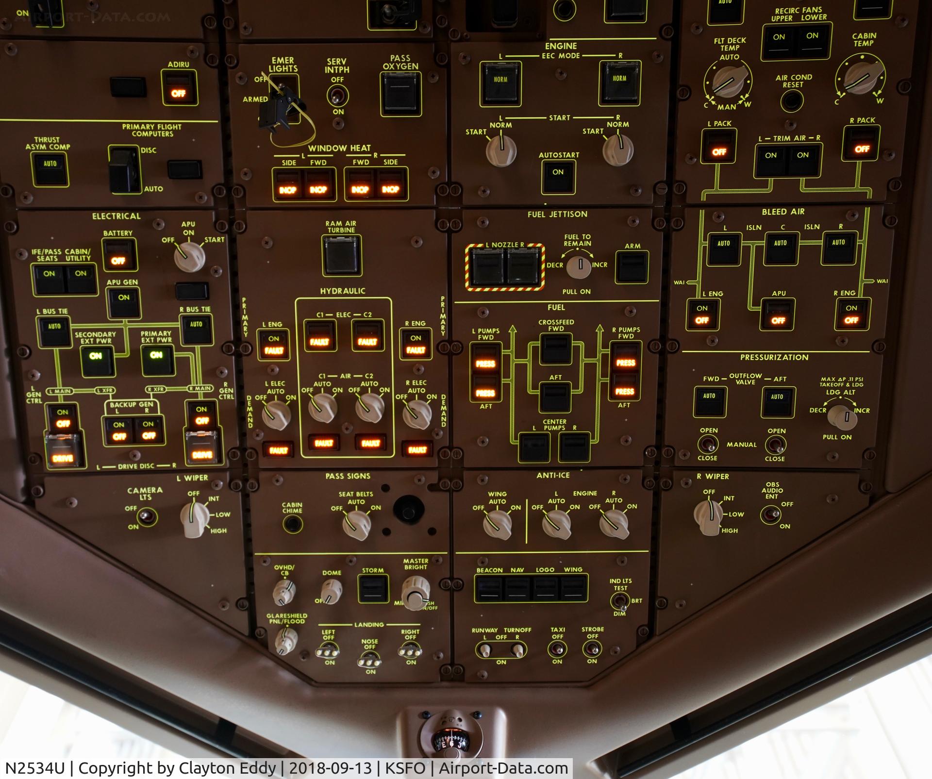 N2534U, 2017 Boeing 777-300/ER C/N 62645, Overhead control panel. SFO 2018.